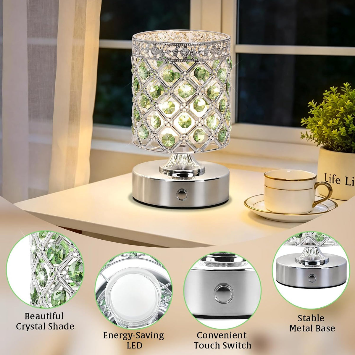 Green Small Crystal Rechargeable Cordless Table Lamps Set of 2 | 6000mAh Battery, 3 Color Temps, Stepless Dimming
