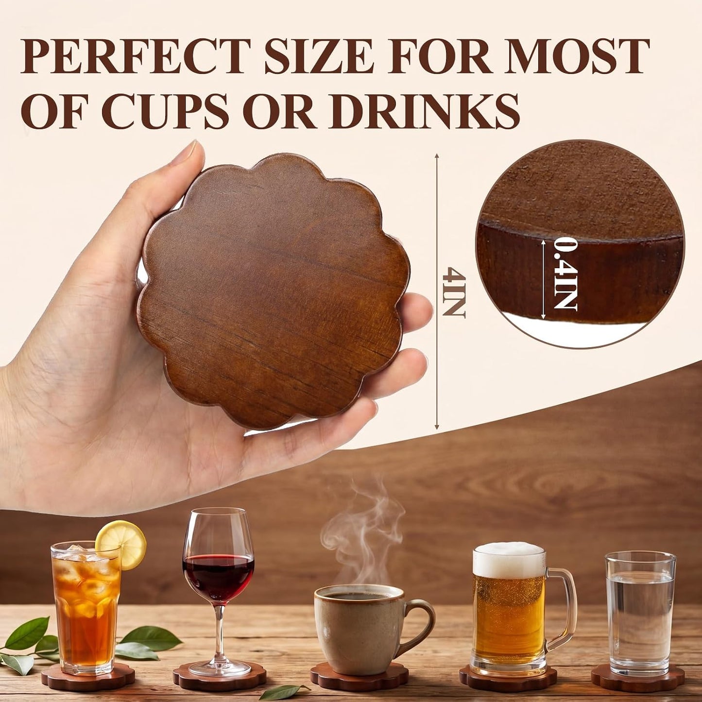 Scalloped Wooden Coasters Wood Color Round Stackable Drink / 3.9 Inch / Classic / Natural / Set of 6