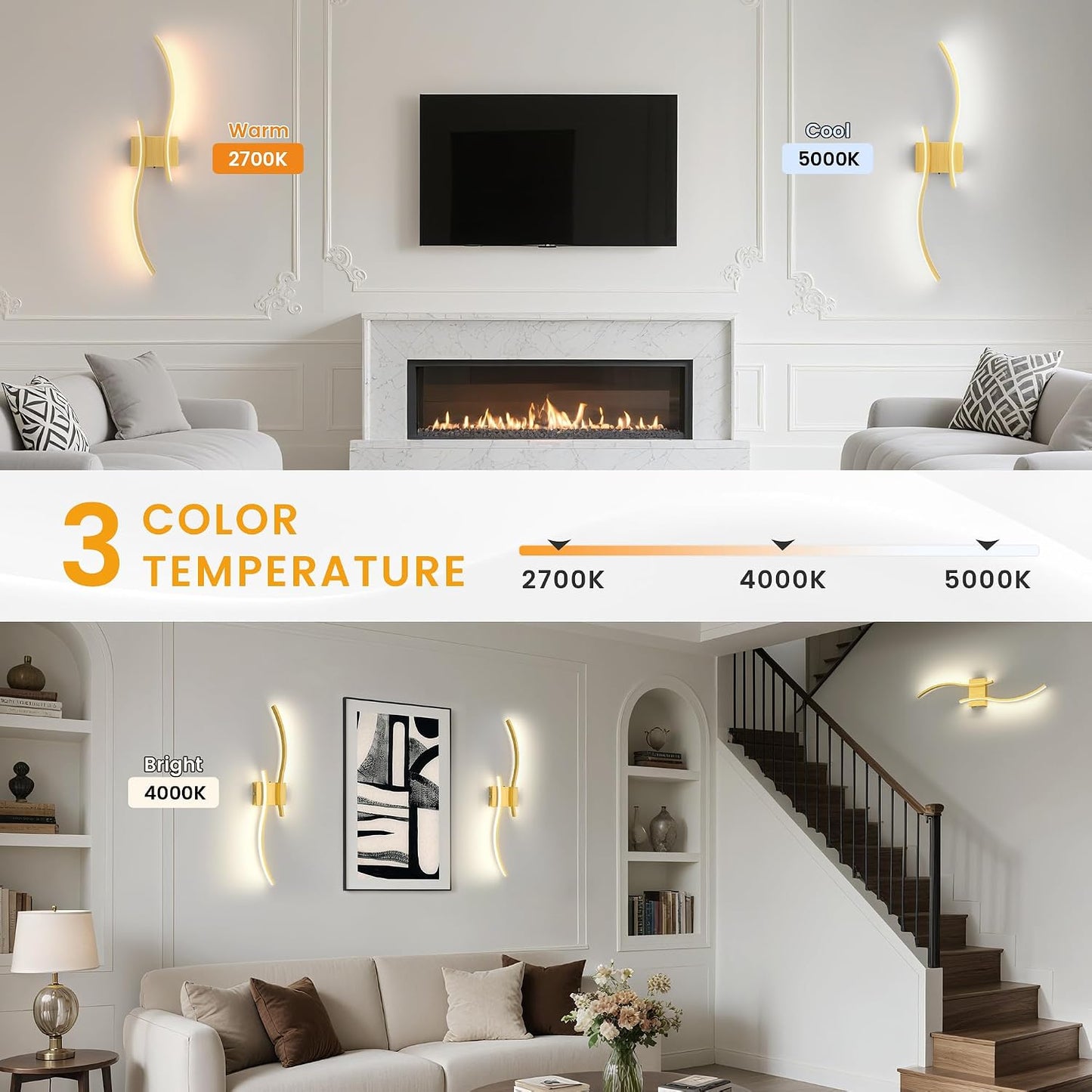 VOLISUN Battery Operated Wall Sconces Set of Two, 27.6 inch Wireless Wall Sconces, 3000K-6500K Dimmable Wall Lamps with