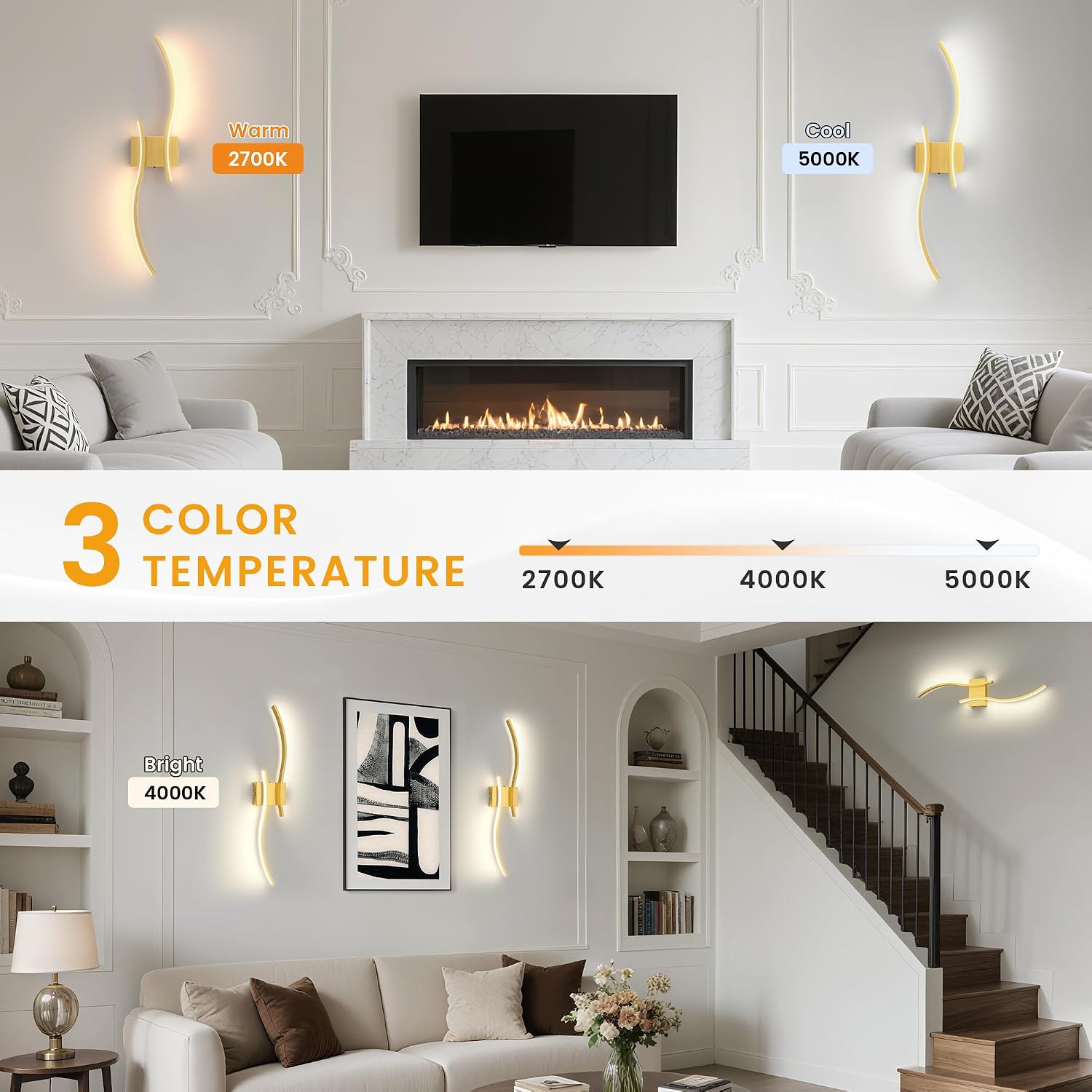 VOLISUN Battery Operated Wall Sconces Set of Two, 27.6 inch Wireless Wall Sconces, 3000K-6500K Dimmable Wall Lamps with