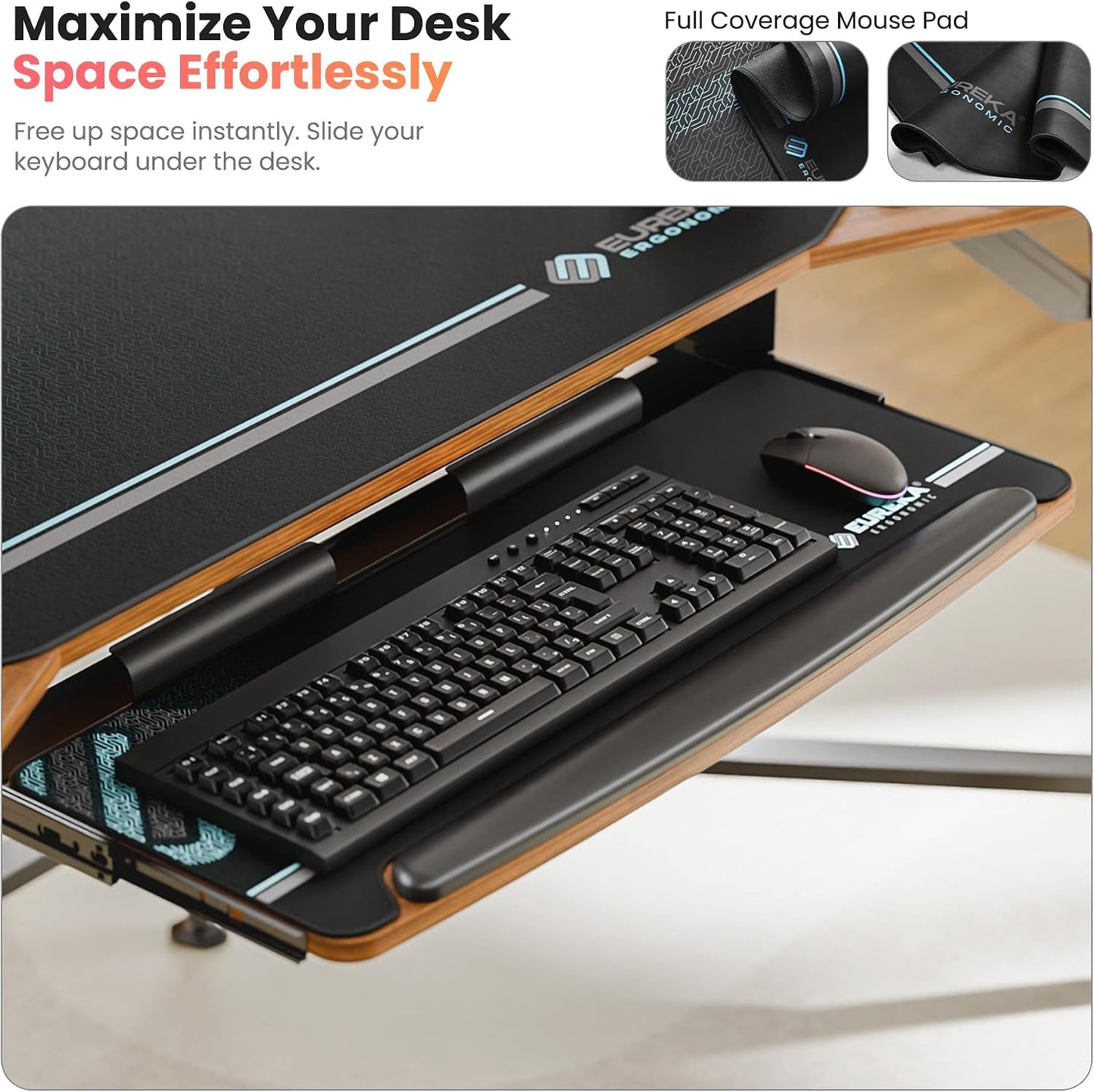 EUREKA ERGONOMIC Gaming Desk Wing Shaped Keyboard Tray 72 Inch Walnut | LED monitor stand with dual headphone hooks and
