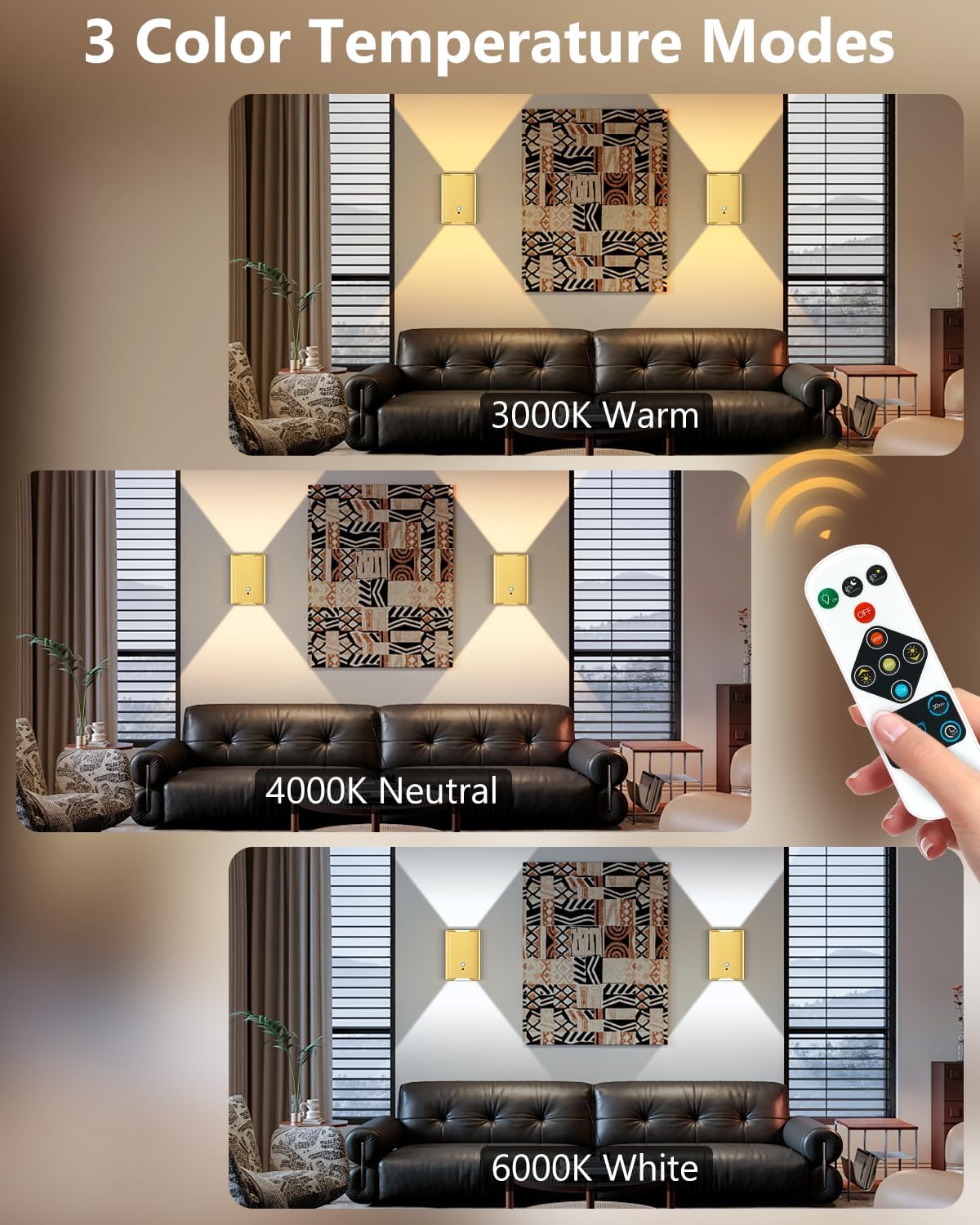 WERFOP Rechargeable Motion Sensor Wall Sconce Set of 2 (Gold) | 5000mAh Battery Operated Wall Light Indoor, 3 Colors