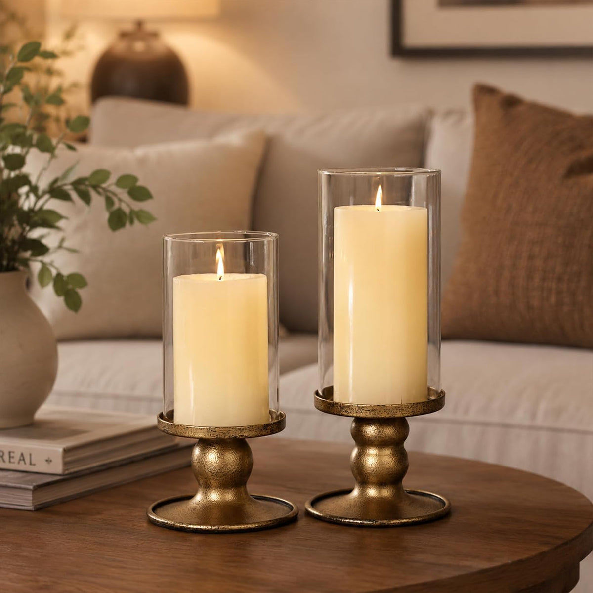 NITIME 2pcs Hurricane Candle Holder for Pillar Candles, Antique Brass Iron Candle Holders with Clear Glass Sleeve for