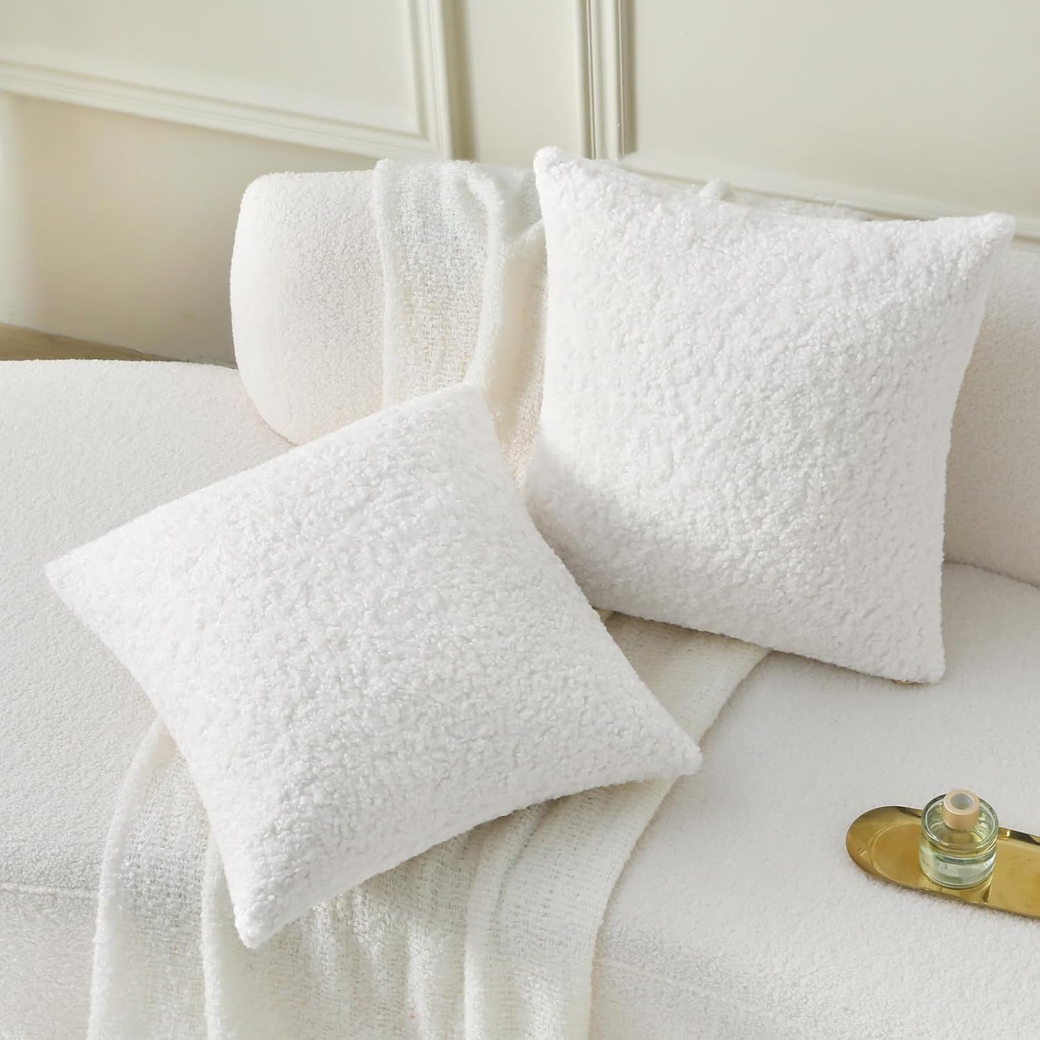Furry Faux Fur Teddy Boucle Textured Cushion Covers / Cream White / 18 x 18 / Set of 2
