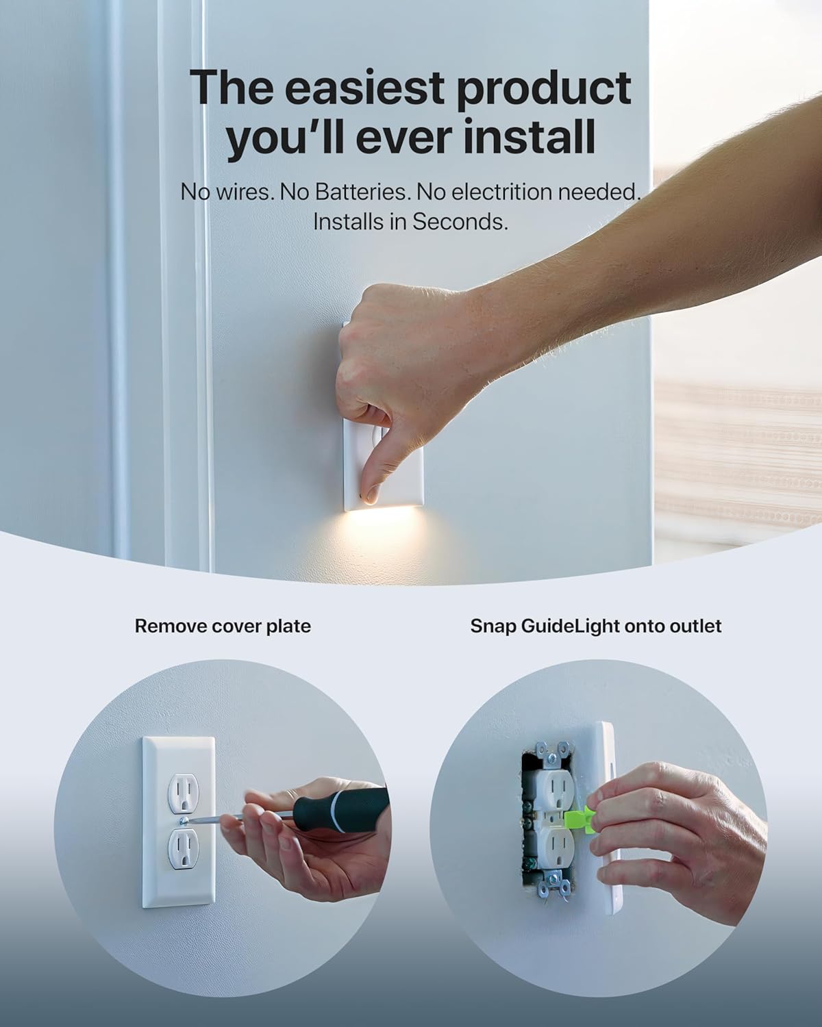 Single - SnapPower GuideLight [for Standard Decor, Not GFCI outlets] - Night Light - Electrical Outlet Wall Plate with