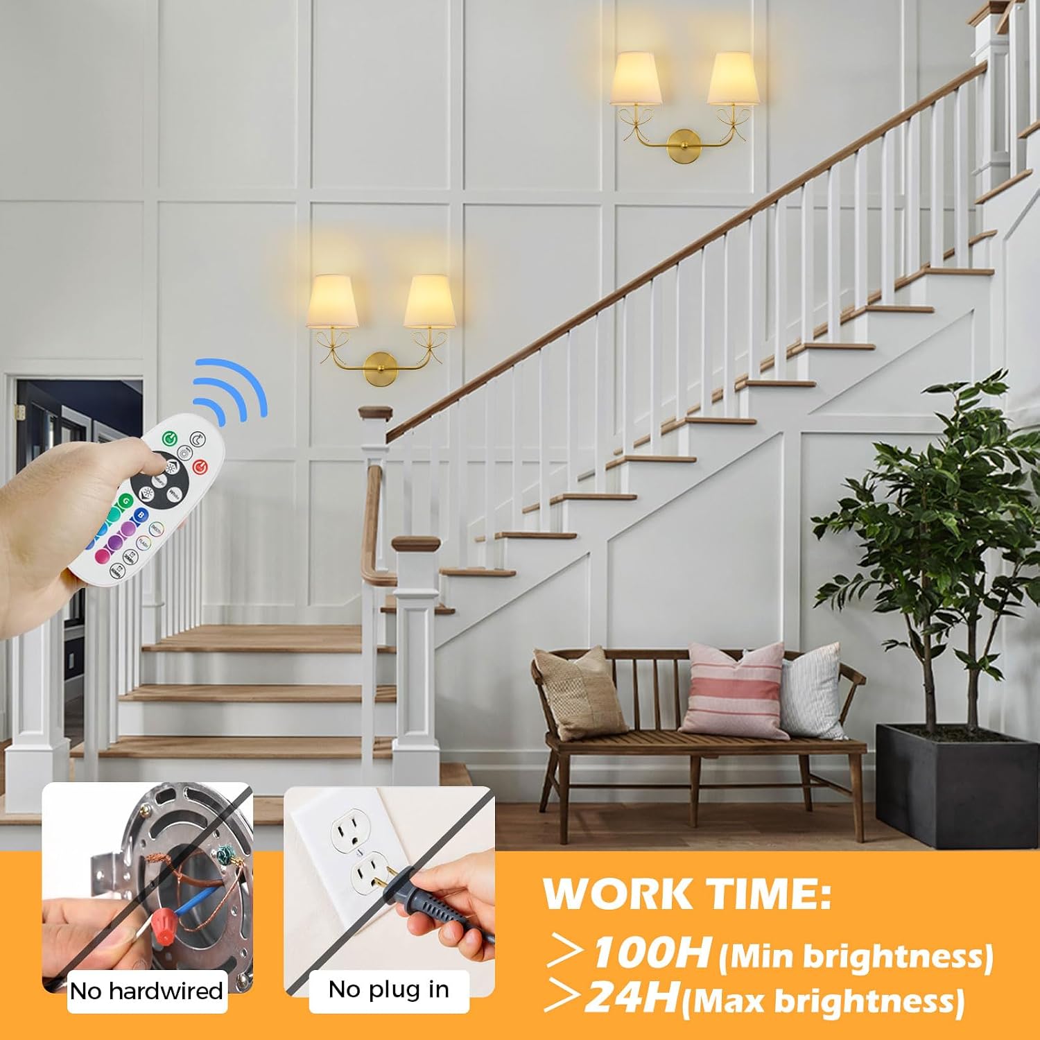 PASSICA DECOR Bow Battery Operated Wall Sconce, Rechargeable Wireless Double Lights with Dimmable Bulbs, 15 Colors and