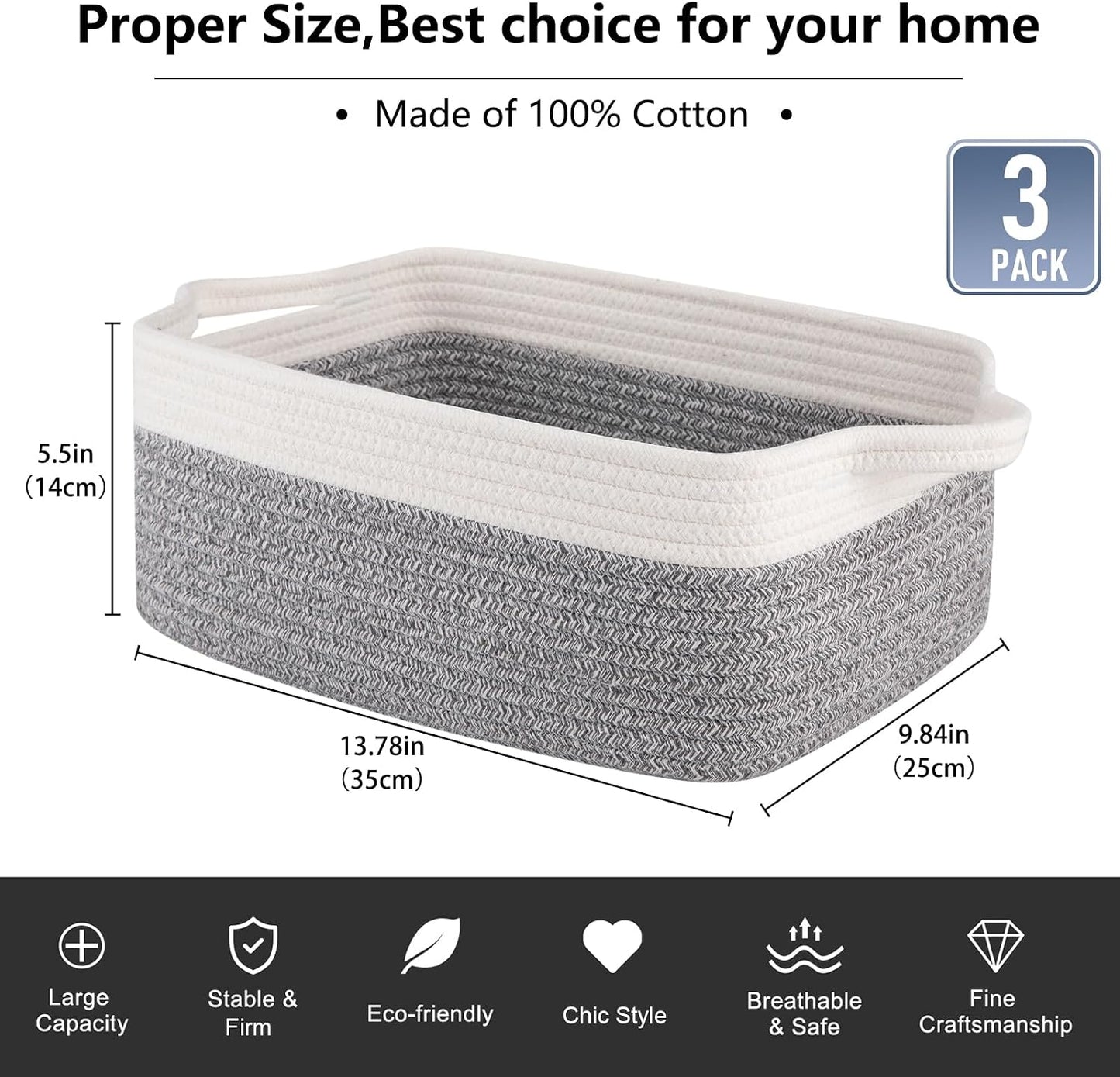 Woven Cotton Rope Basket / Grey Variegated / 13.8''x9.8''x5.5 / Set of 3