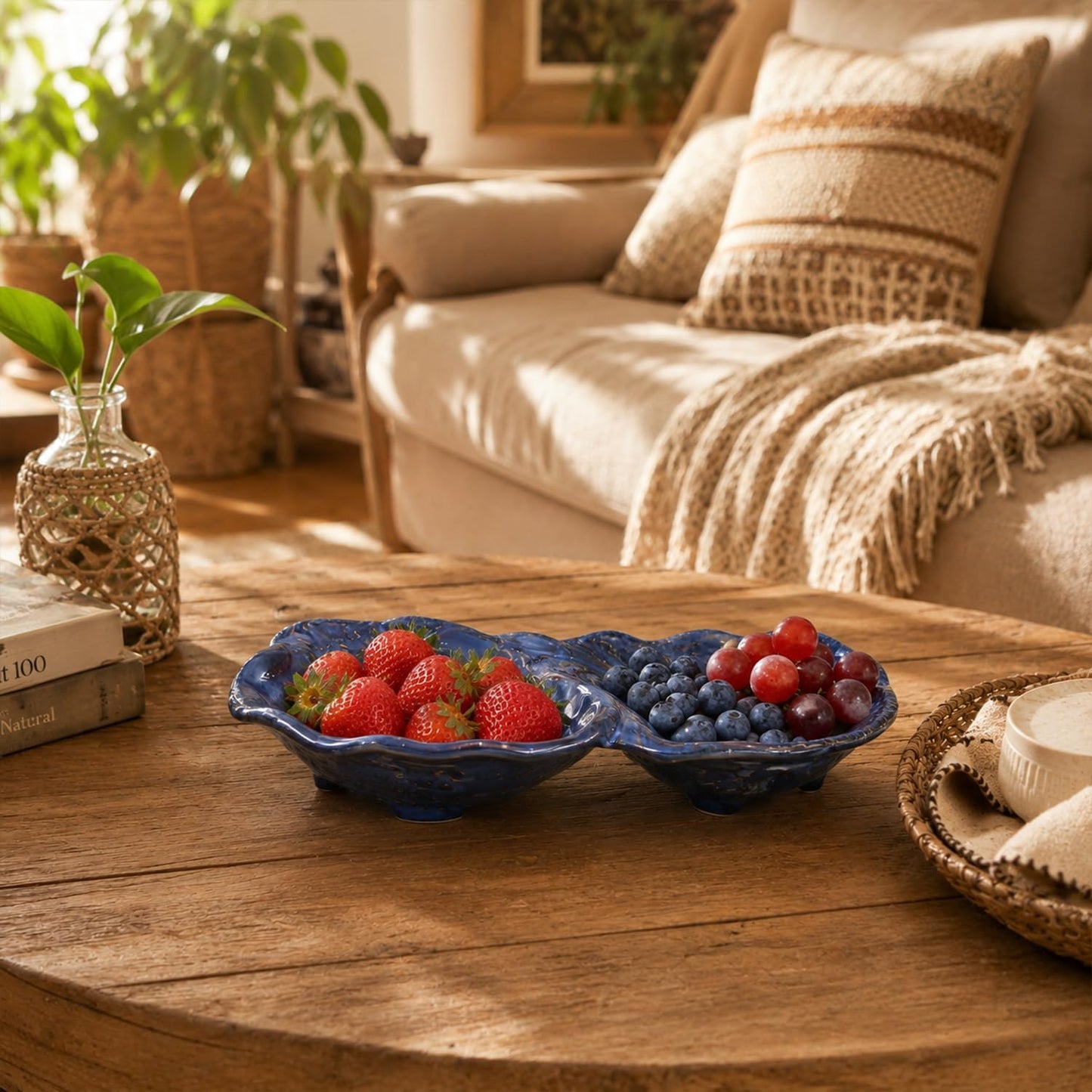 Peanut 2-Compartment Dish for Key Catchall Jewelry Organizer / Kiln-transformed Blue Glaze