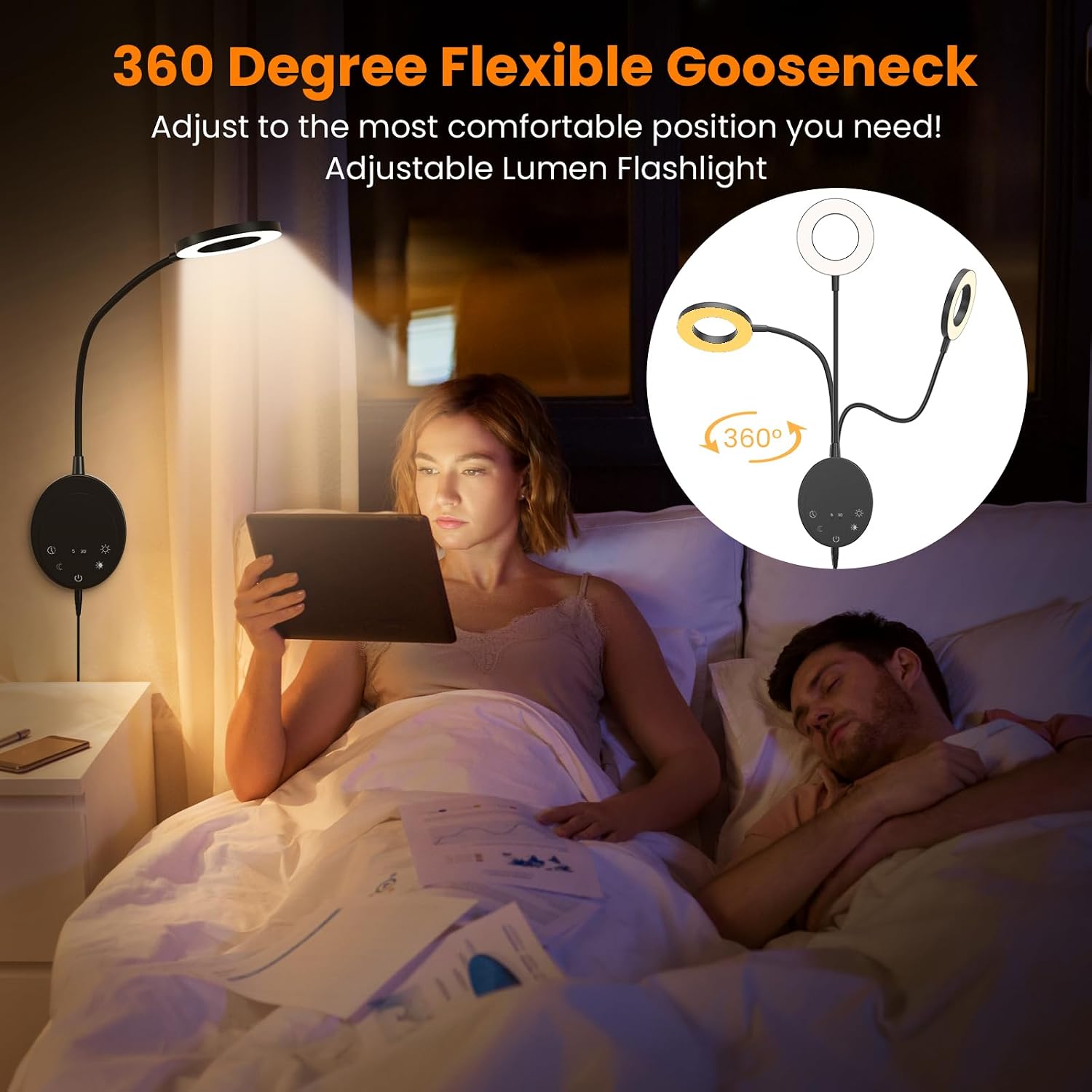 Wall Mounted Reading Light, Bedside Headboard Lights with 5 Color Temperature & 5 Dimming, 360 Flexible Gooseneck, USB
