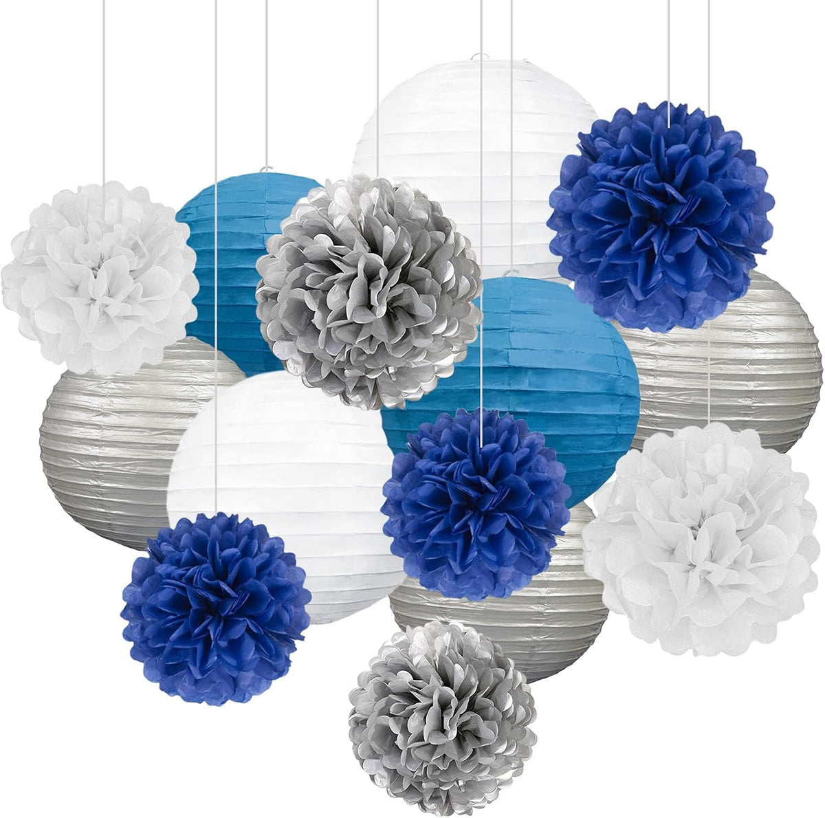 18 PCS Blue White Silver Paper Lanterns & Tissue Paper Pom Poms for Men's Birthday, Graduation 2026, Wedding, Hanging Paper Decor for Indoor Outdoor Events Theme Party Supplies