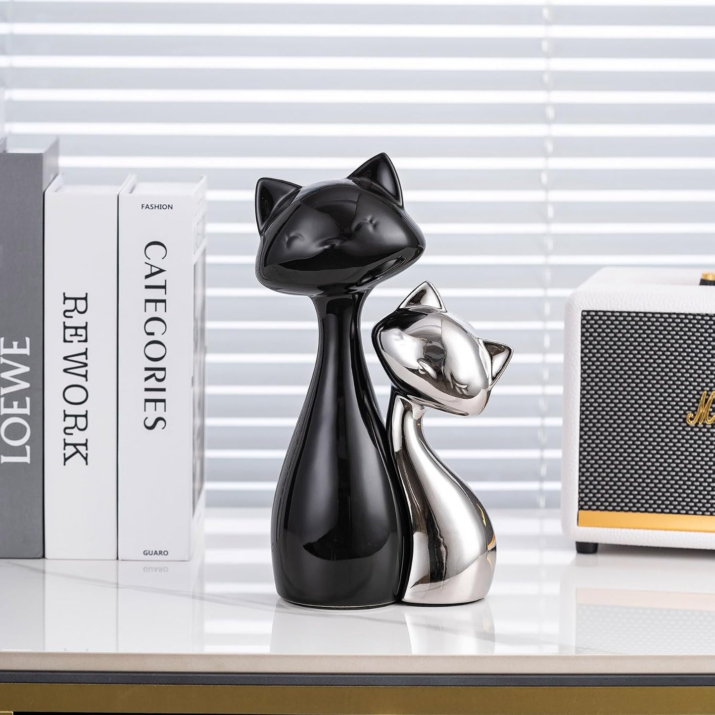 Ceramic Cat Statue / Black& Silver / Set of 2
