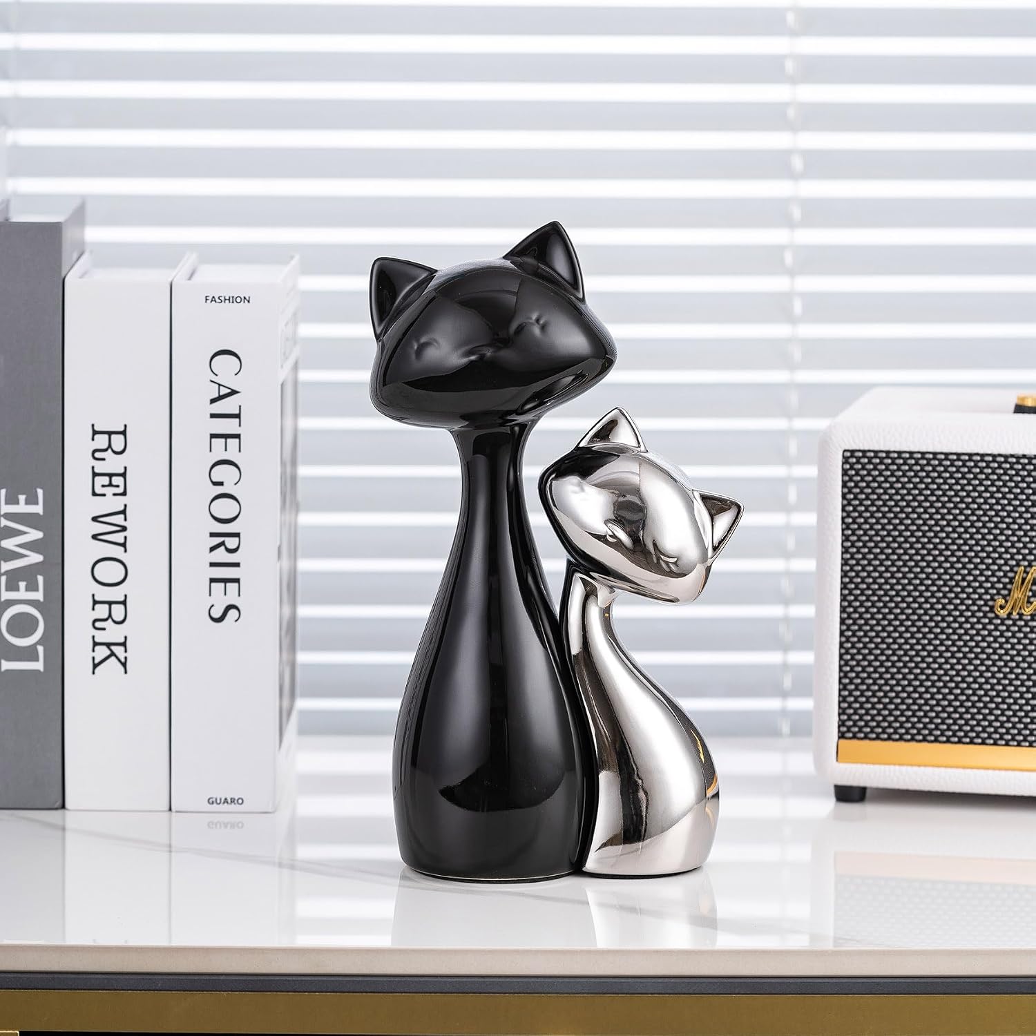 Ceramic Cat Statue / Black& Silver / Set of 2