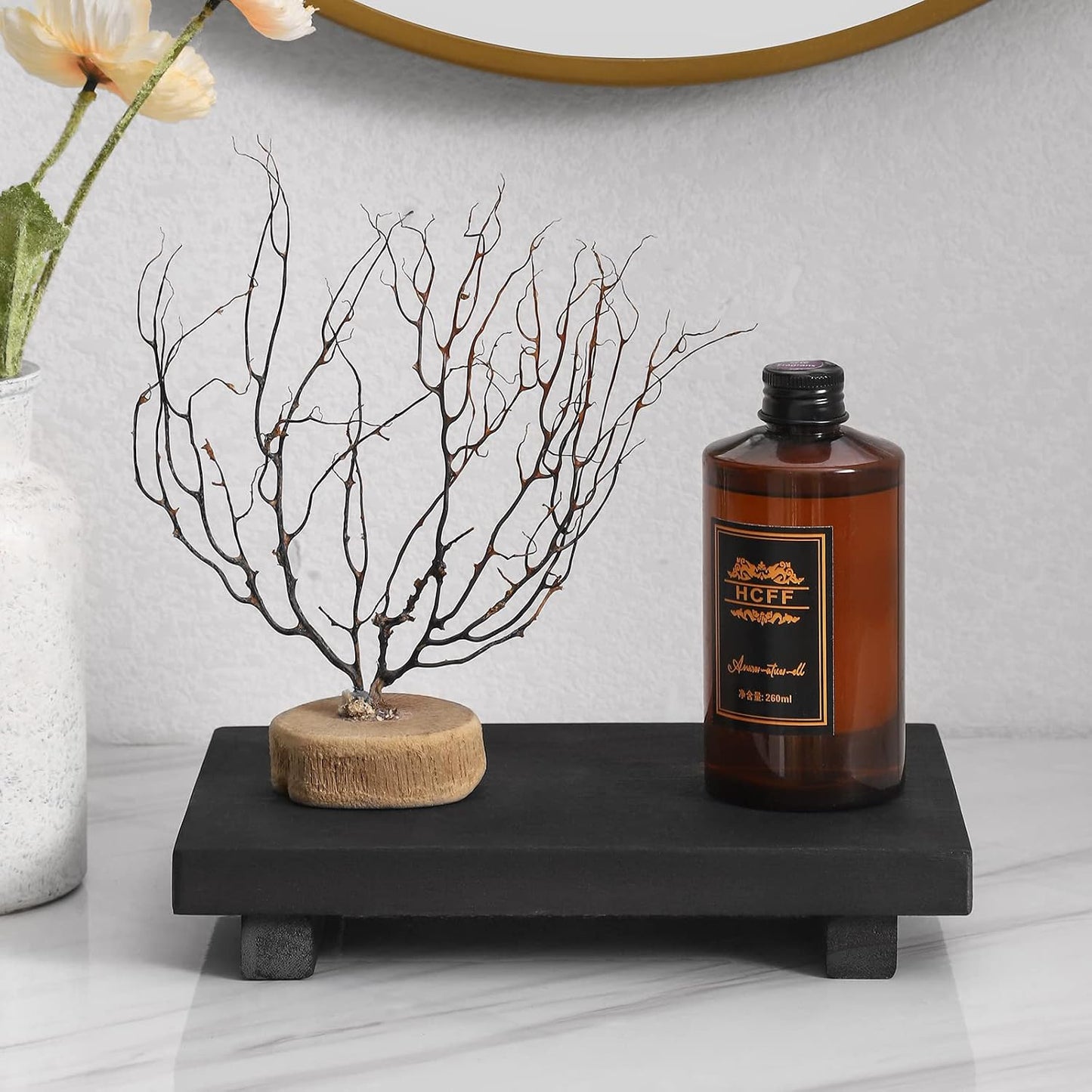Small Wood Tray Pedestal Stand Farmhouse Bathroom Decor Decorative Wooden / Black / 9 x 5.9 x 1.6