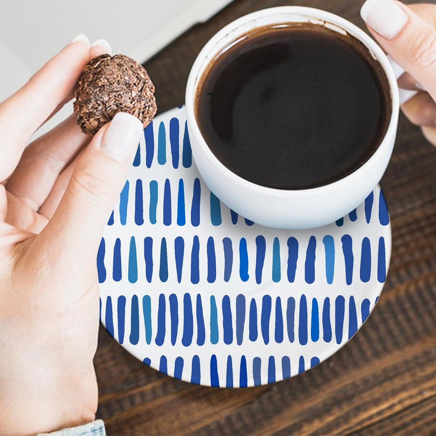 Holder / White Ceramic Coasters / Geometric / Blue / Set of 6