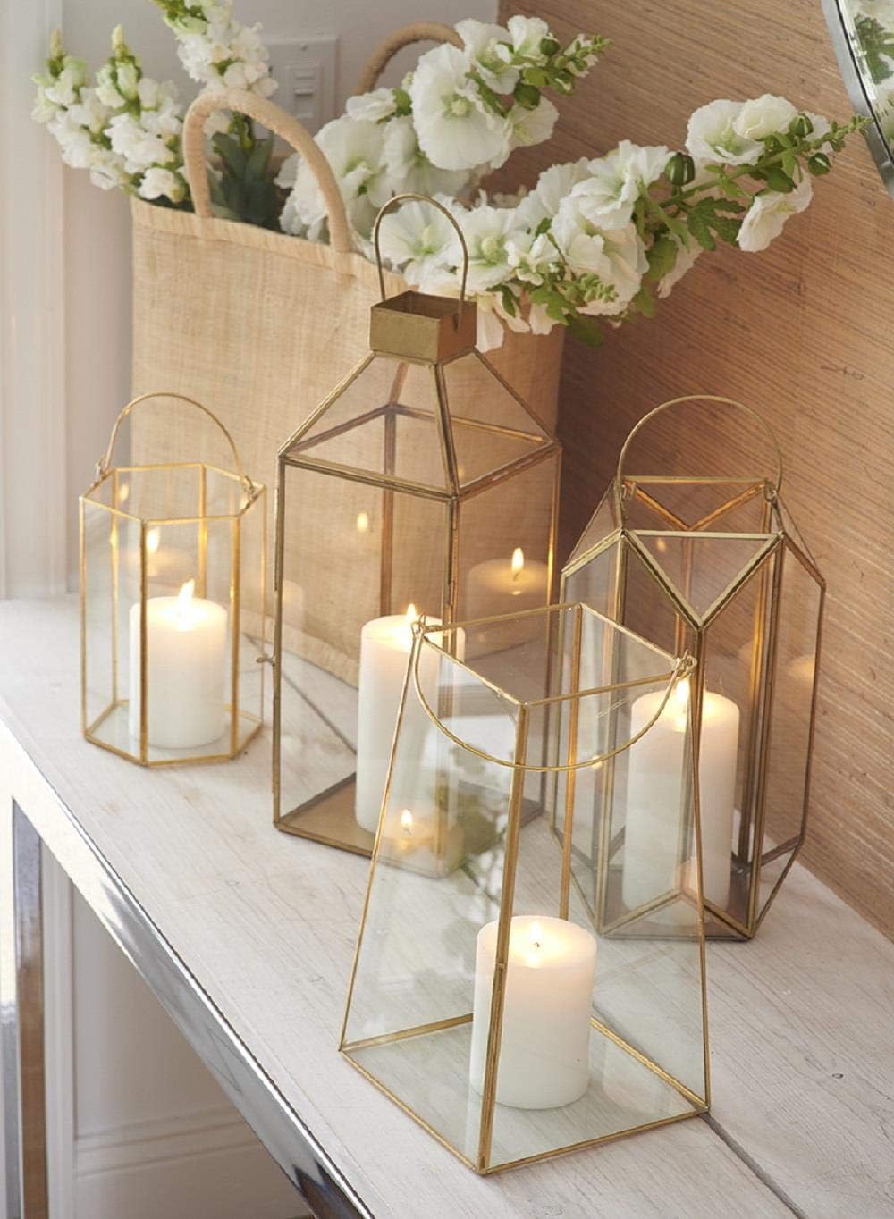Serene Spaces Living Small Square Gold Lantern – 10" Tall Decorative Gold Lantern for Candles, Ideal for Weddings and