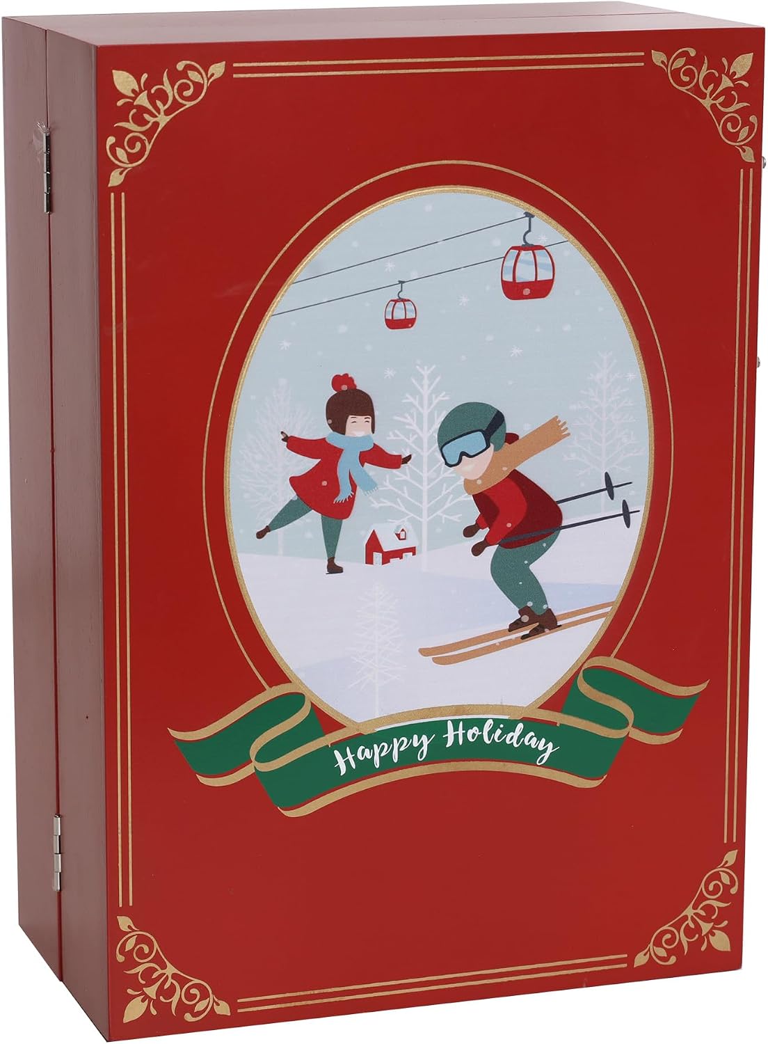 Christmas Wooden Advent Calendar Book with LED lighting Red Color Christmas Skiing Scenes Countdown Holiday Gifts with