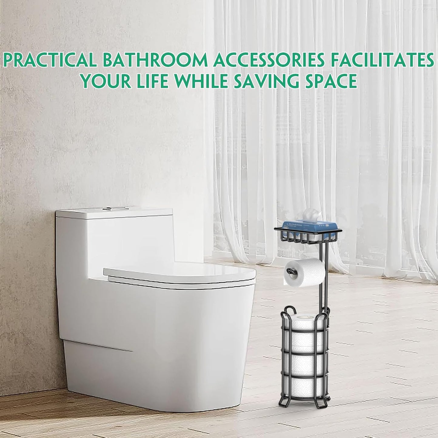 TomCare Toilet Paper Holder Free Standing with Shelf, Stable 4 Raised Feet | Stores 4 Mega Rolls, Tool-Free Assembly