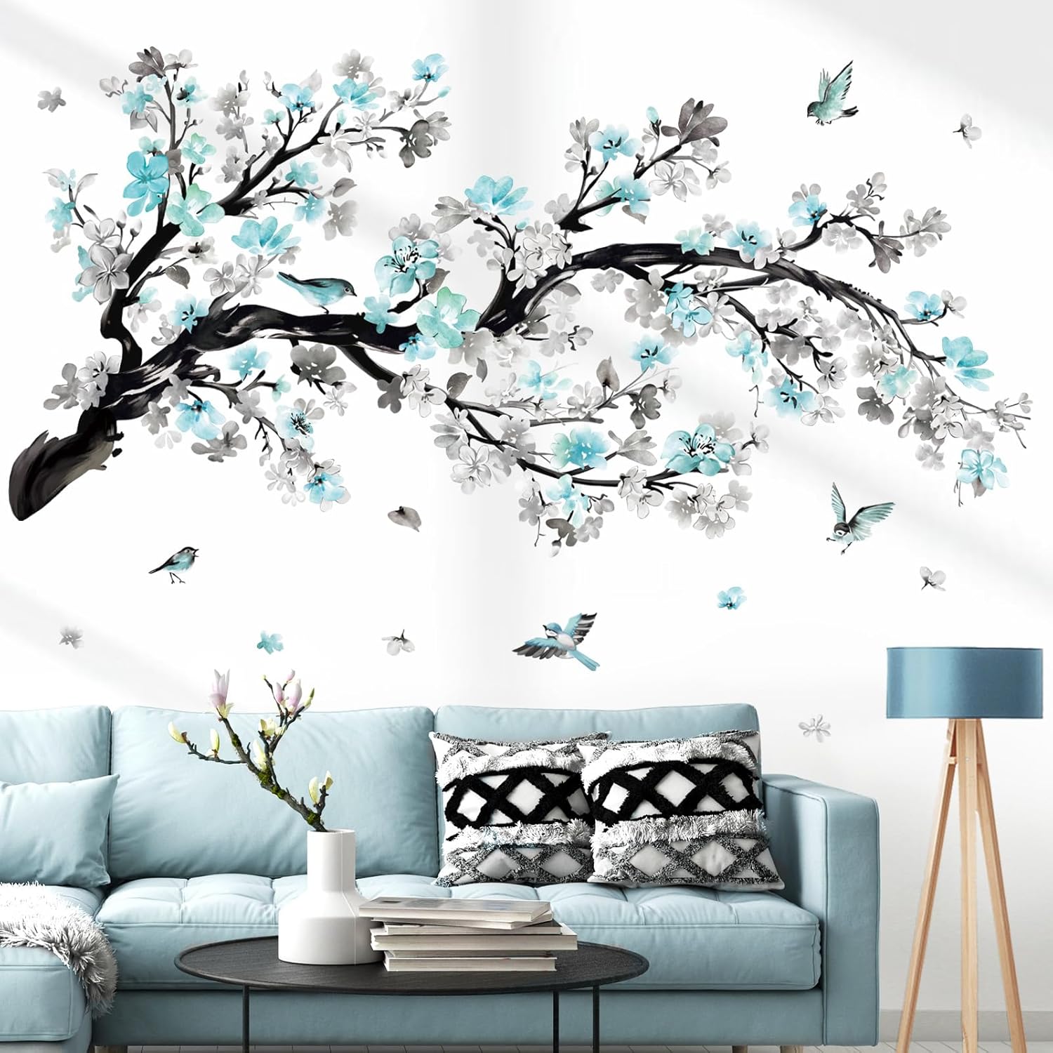 Watercolor Flower Branch Wall Stickers Blossom Tree Floral Birds Peel and Stick Wall Art / Blue