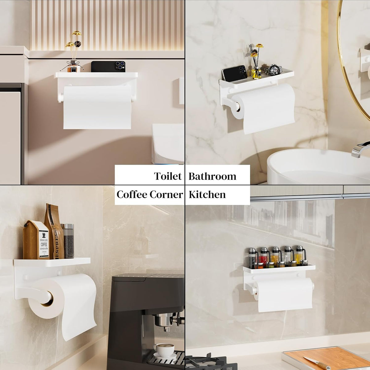 White Paper Towel Holder with Shelf, Wall Mount Paper Towel Holder for Bathroom Kitchen, Hand Towel Rack Holder,Paper