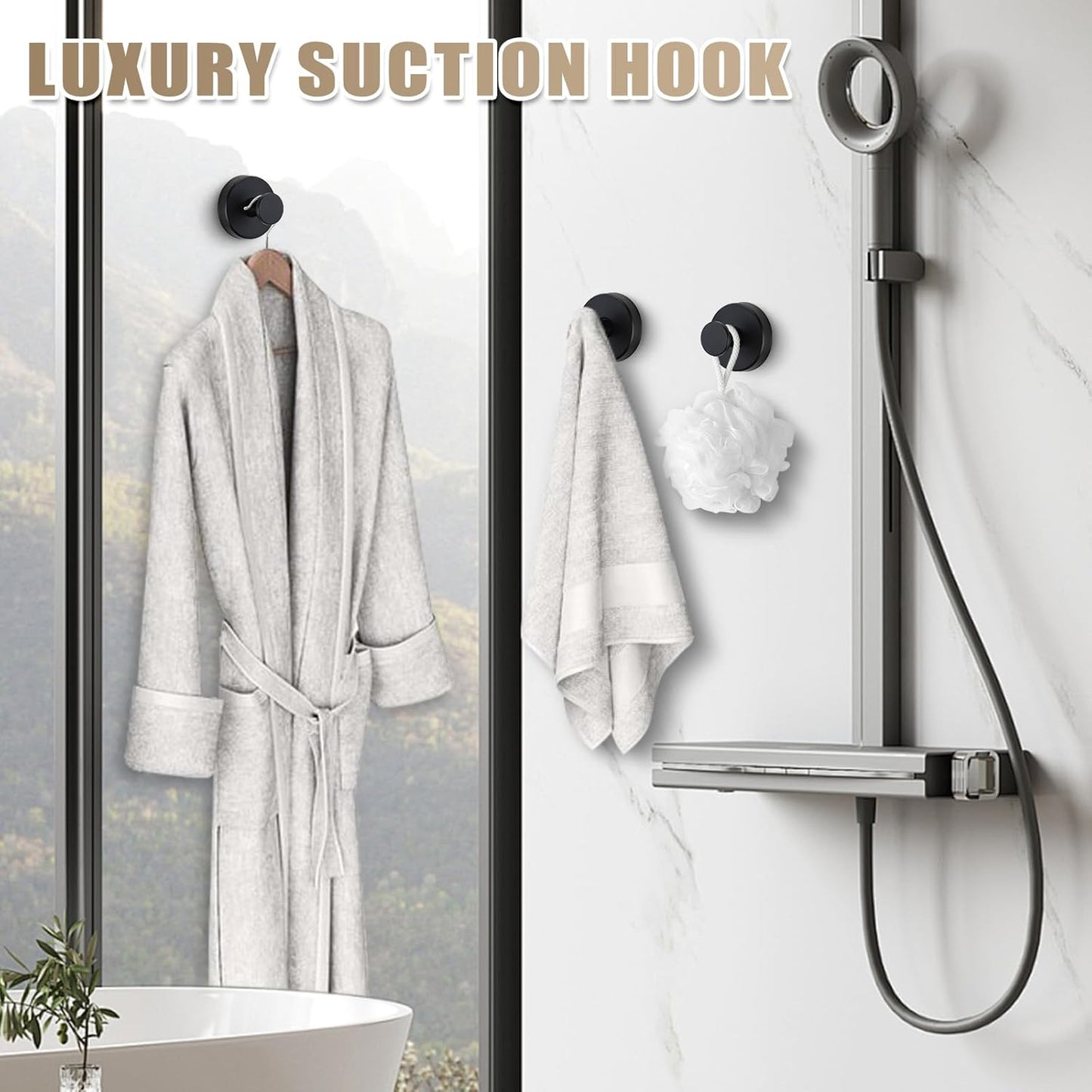 Suction Cup Hooks for Shower No-Drill Bathroom Hooks for Towels / Matte Black / Set of 2