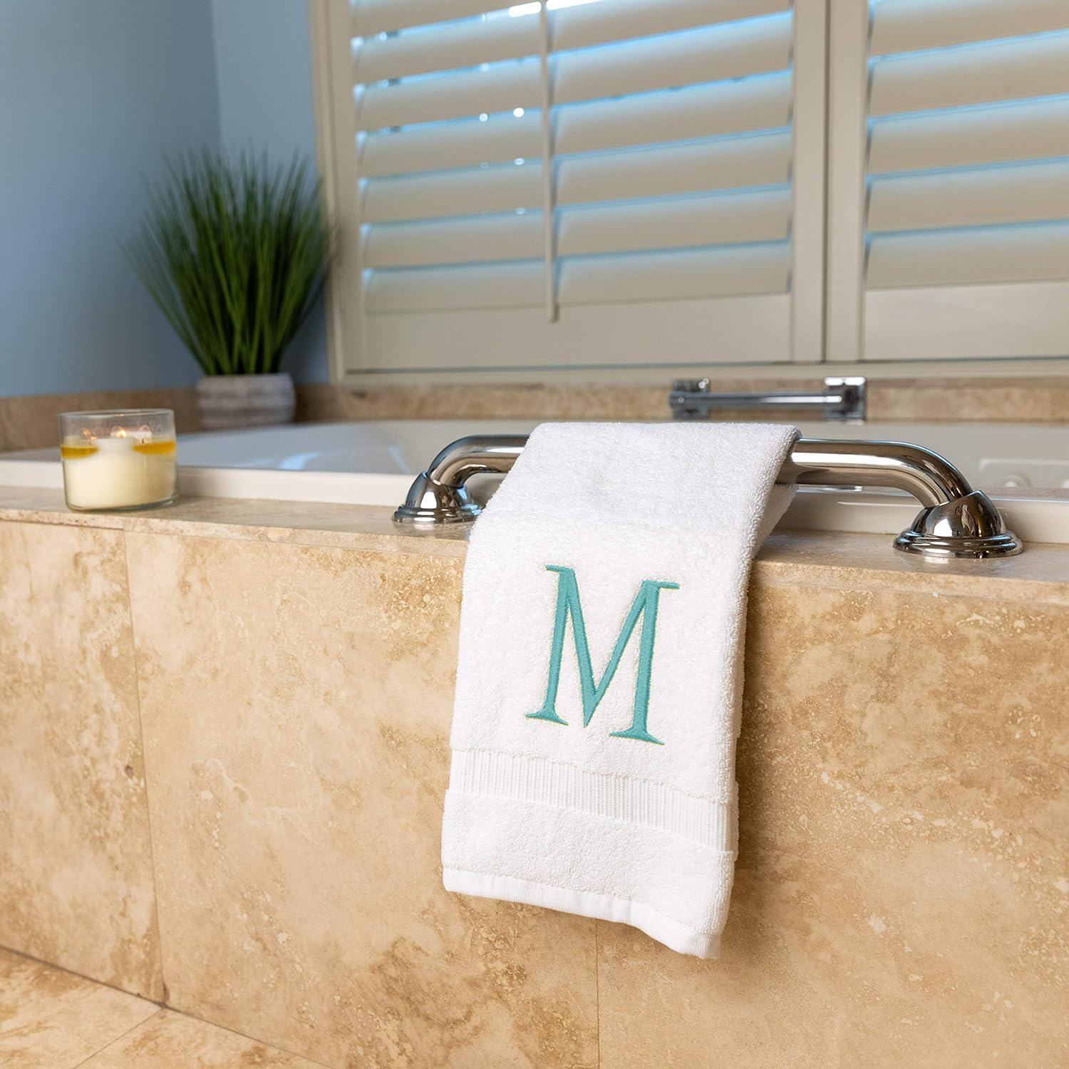 White with Teal Monogrammed Hand Towels for Bathroom - Set of 2 Letter M | Luxury Hotel Quality Initial Towels For