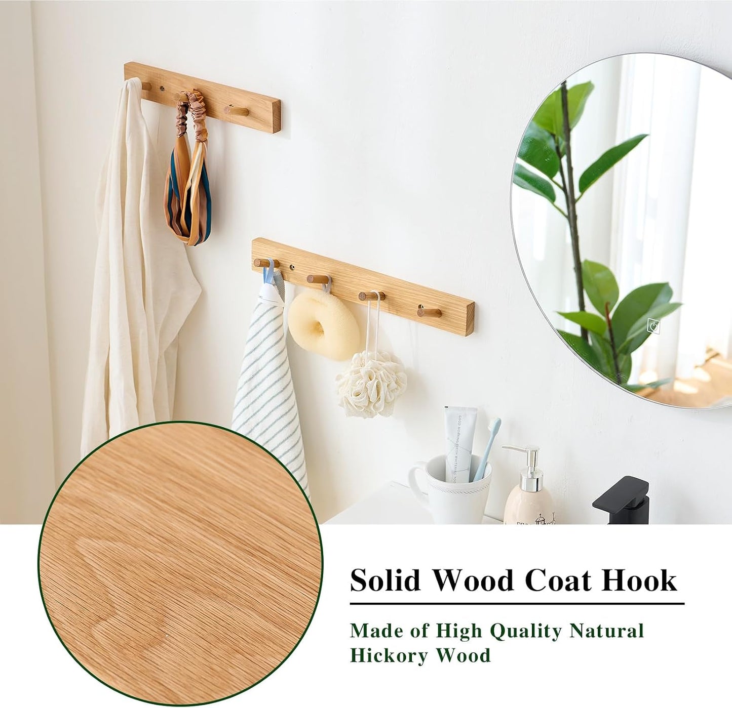 Hickory Wood Coat Rack Wall Mount 24 inches, Wooden Coat Hooks with 6 Hooks Coat Hanger for Hanging Hat Jacket Purse