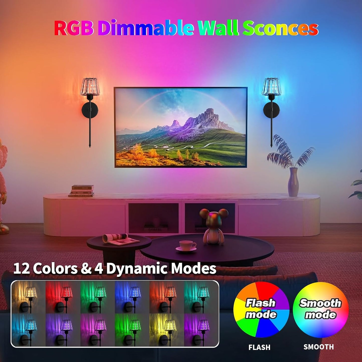 Battery Operated Crystal Wall Sconce Set of 2, Black Rechargeable Wireless Wall Sconces with Remote Dimmable 12 Colors