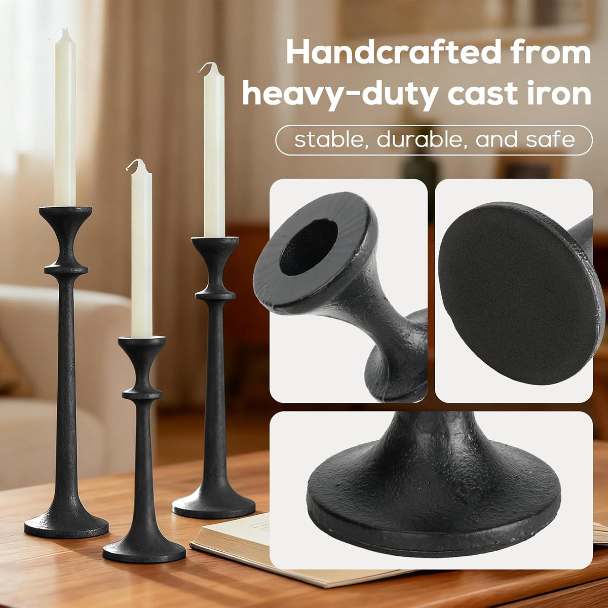 Black Taper Candle Holders Set of 3 Heavy Cast Iron Black Candlestick Holder for Table Centerpiece Modern Decorative