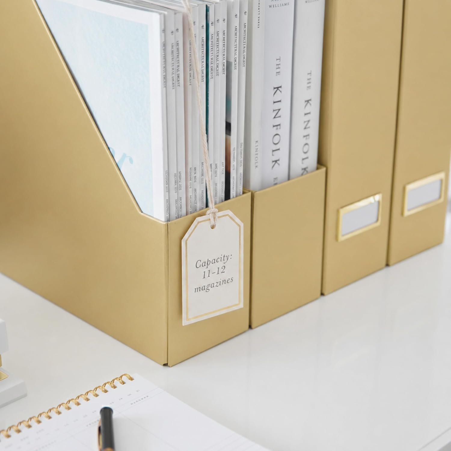 BLU MONACO | Gold Cardboard Magazine File Holder Set of 4 | Vertical Magazine File Holder for Shelves | Standing File