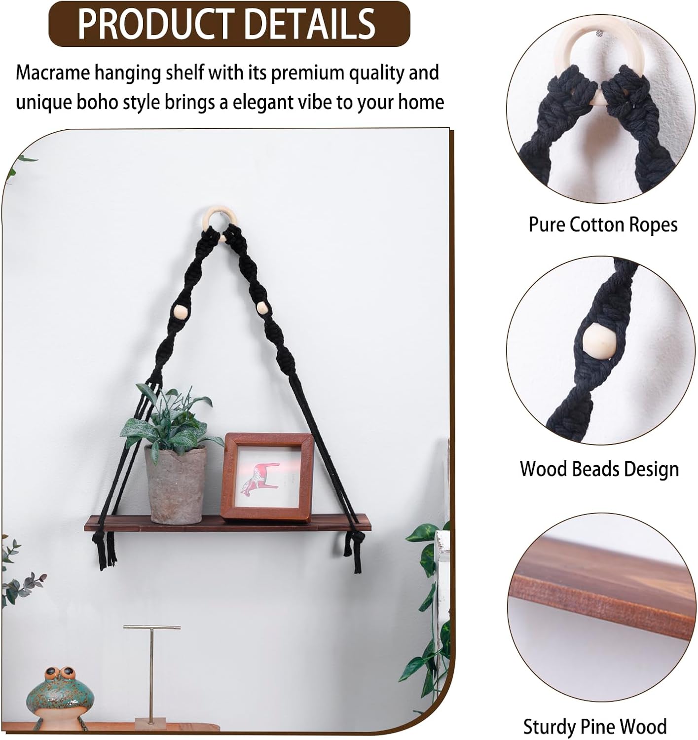 Boho Wooden Wall Shelves Hanging Decor / Black