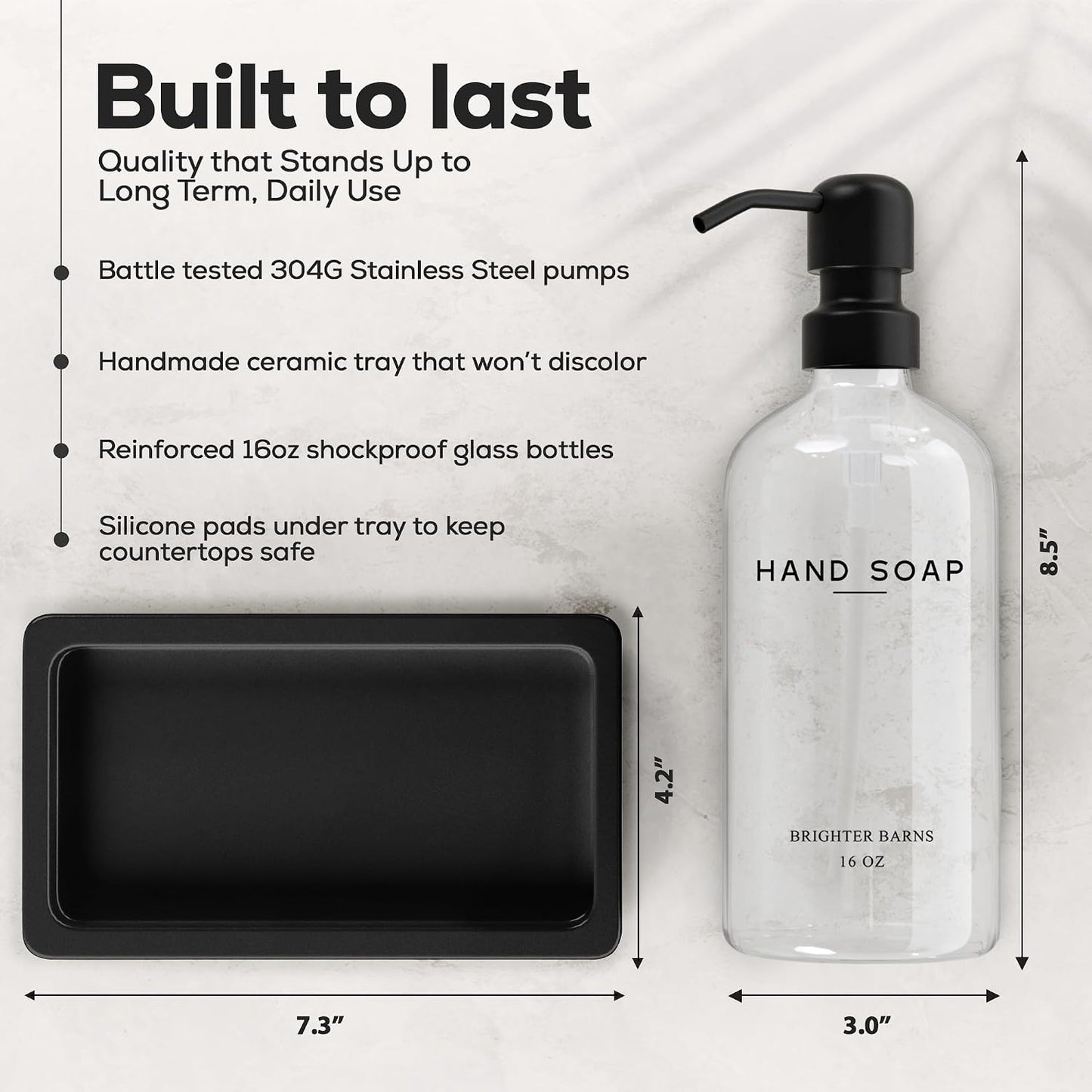 Glass Hand and Dish Soap Dispenser Set by Brighter Barns - Kitchen Soap Dispenser Set with Tray, Stainless Steel Pump