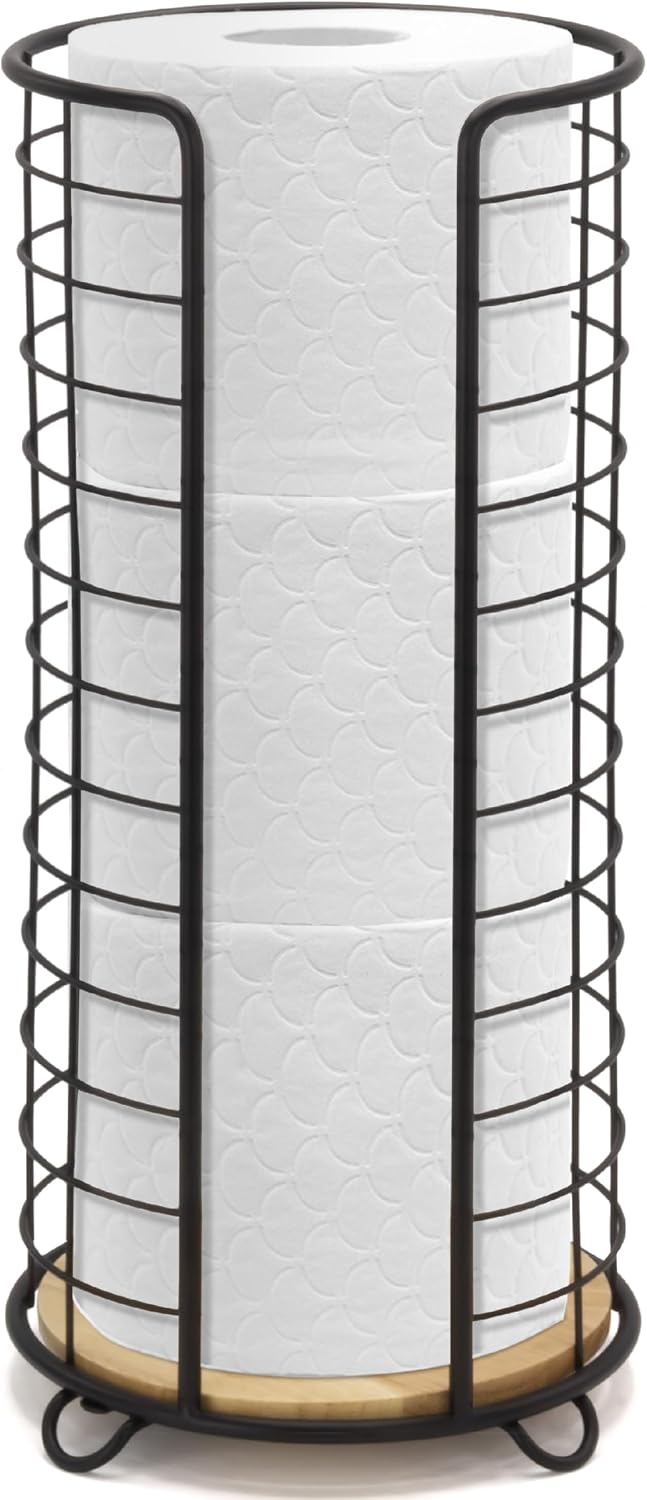BROOKSTONE, Stylish Toilet Paper Holder with Bamboo Base, Freestanding Bathroom Tissue Organizer, Minimalistic Storage