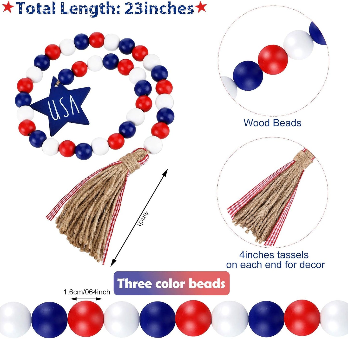 Independence Day Wood Bead Garland / Set of 3