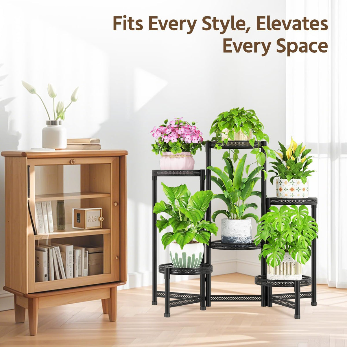 LASZOLA Plant Stand Indoor Outdoor Tall with 10 Inch Larger Tray, Black | 5 Tier Heavy Duty Metal Adjustable Multiple