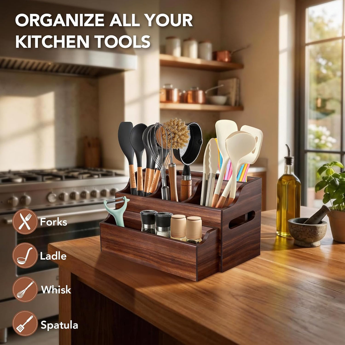 Kitchen Utensil Holder for Countertop, Large Wooden Utensil Organizer | 6 Compartments for Storage Cooking Utensils &