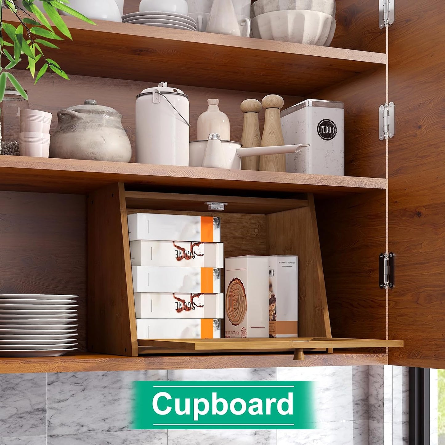 kiplant Large Bread Box for Kitchen Counter, Brown Bamboo Bread Storage Container with Wavy Arcylic Transparent Door