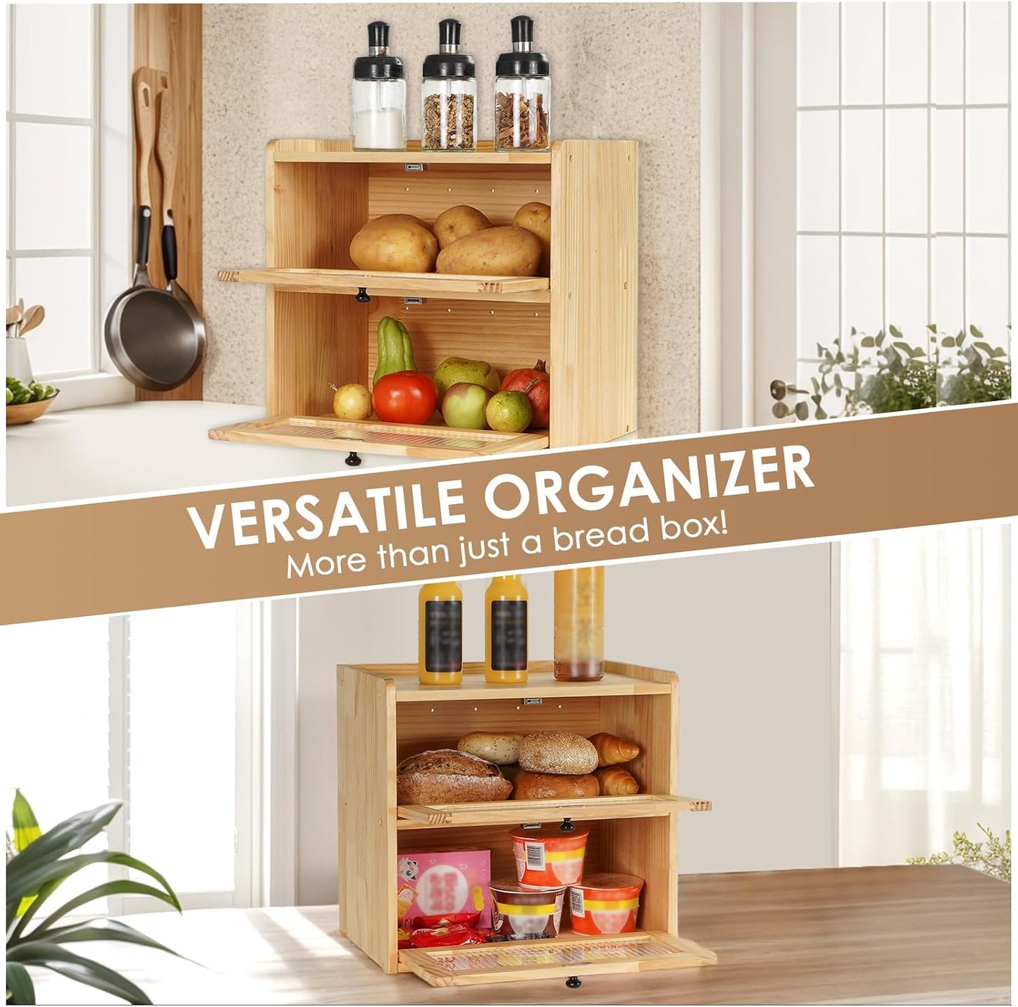 Sunhoo Bread Box for Kitchen Countertop Wooden Bread Storage Container Bin 2 Layer Breadbox Holder Large Capacity