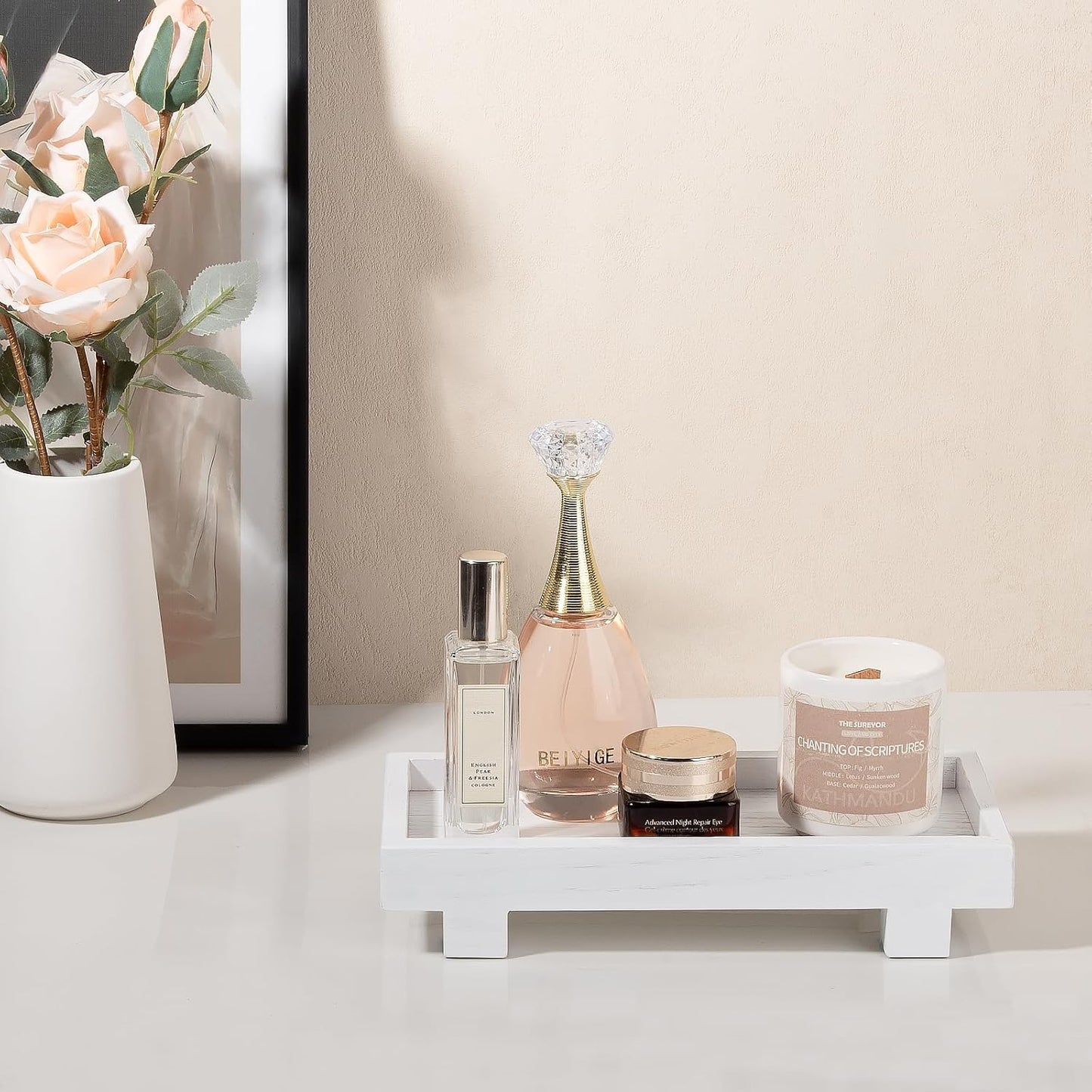 Decorative Tray Small Pedestal Stand Farmhouse Bathroom Decor Wooden Riser / White / 9.4 x 4.7 x 1.7
