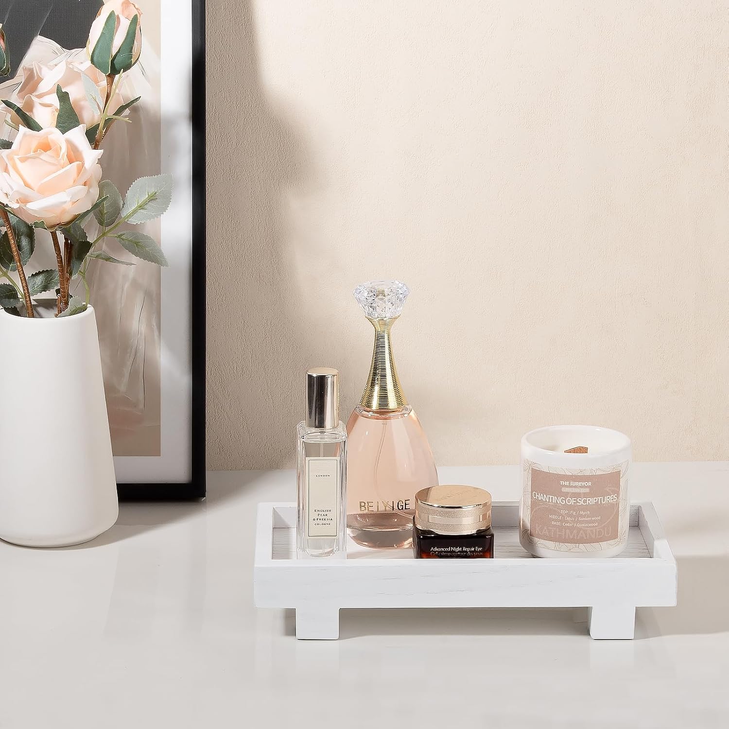 Decorative Tray Small Pedestal Stand Farmhouse Bathroom Decor Wooden Riser / White / 9.4 x 4.7 x 1.7