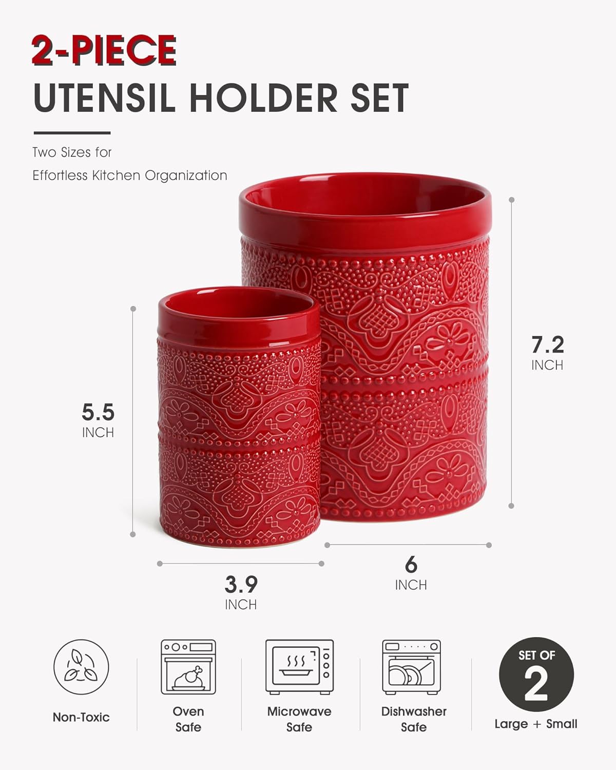 Kitchen Utensil Holder, 7.2+5.5" Super Large Utensil Crock Heavy and Stable Lace Emboss Ceramic Utensil Holder for