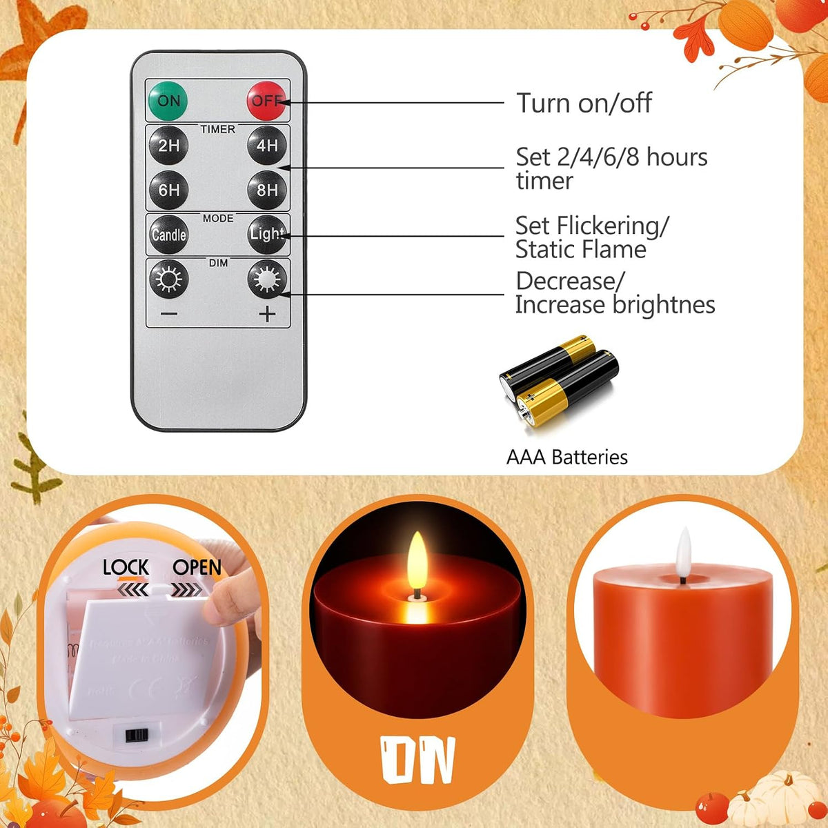 3 Pcs Fall 6/8/12 Inches Flameless LED Candles with Remote and 2/4/8h Timer Yellow Cream Orange Battery Electronic Wax