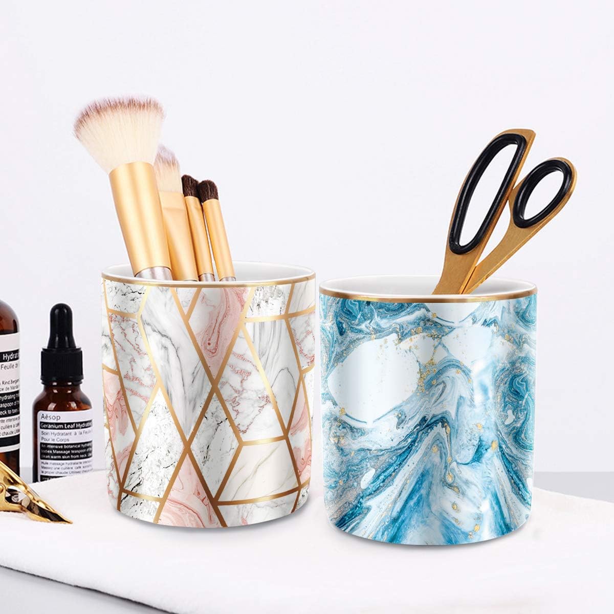 Durable Ceramic Pencil Cup Holder Marble Design Makeup Cups / Blue Marble