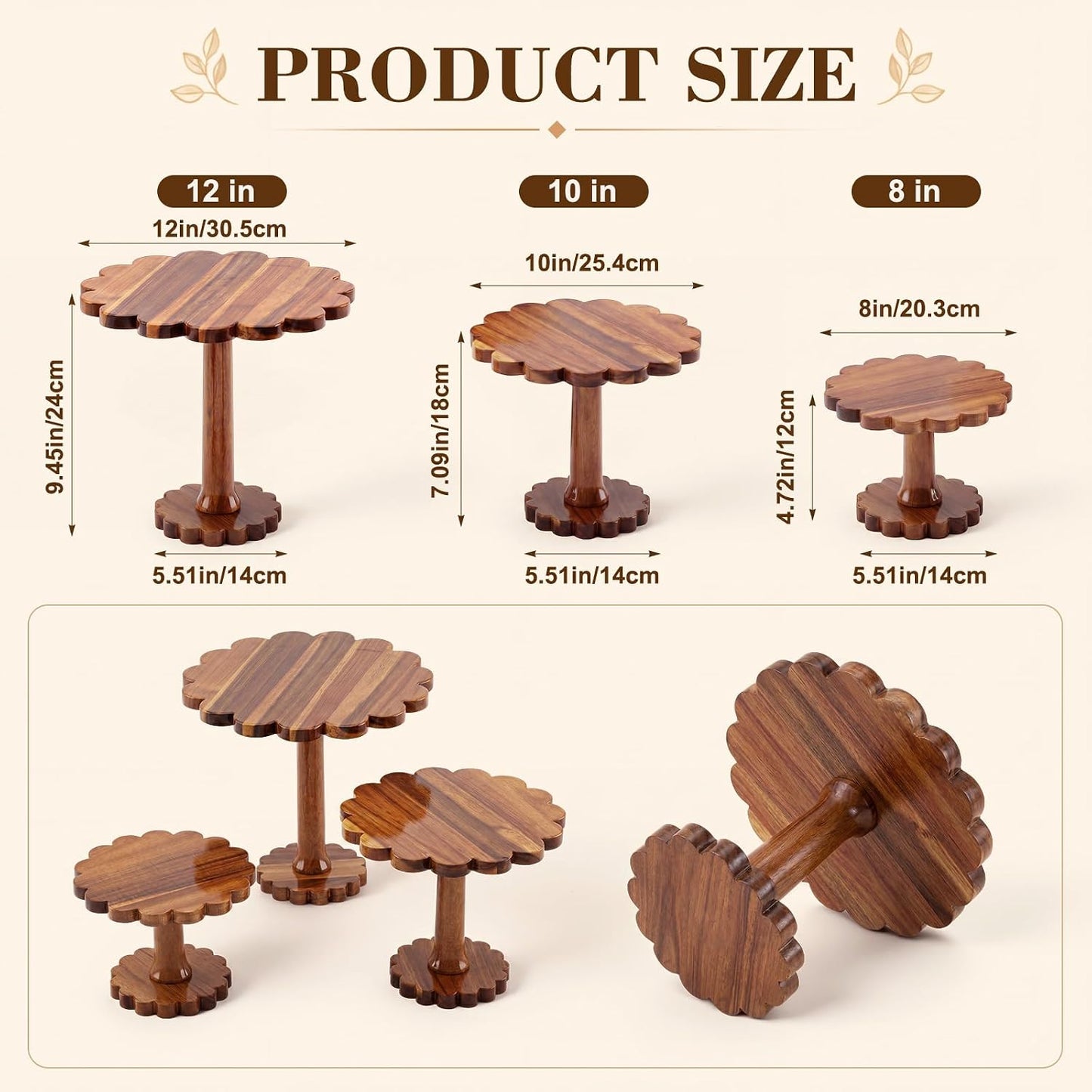 Scalloped Acacia Wood Cake Stand Set / 8 Inch / Set of 3