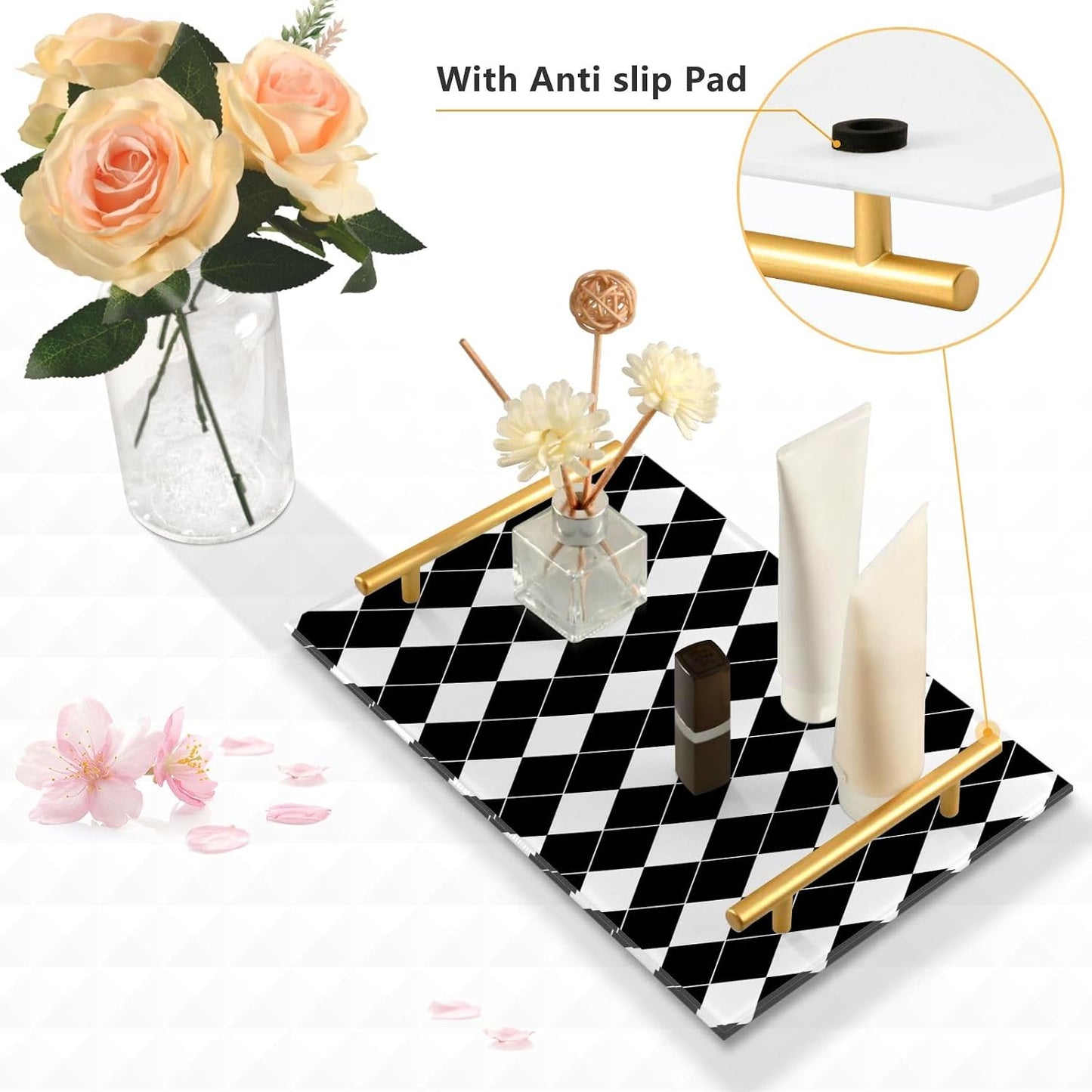 Black White Checkerboard Bathroom Tray Vanity Trays Decorative / Black White Harlequin Pattern