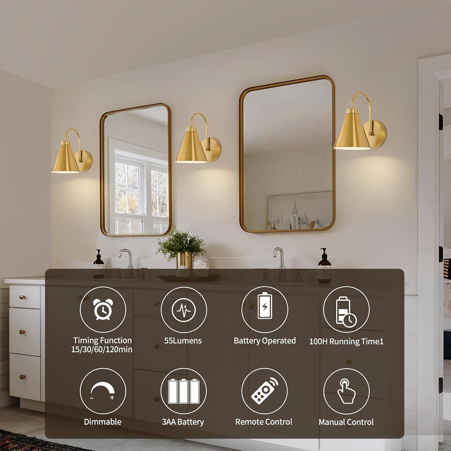 Powfloven Vintage Rechargeable Wall Sconces Set of 2, Gold Battery Operated Bedside Wall Lamps with Remote Control