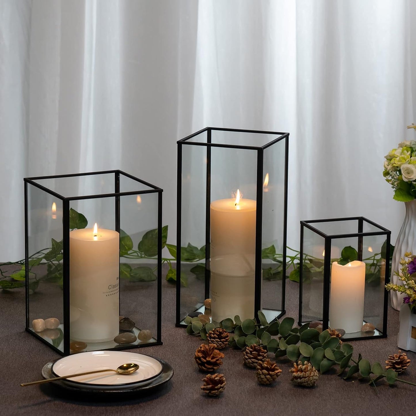 Phosphor Large Glass Hurricane Candle Holder Set of 3 PCS Black Glass Candle Holder for Thankgiving Wedding Party
