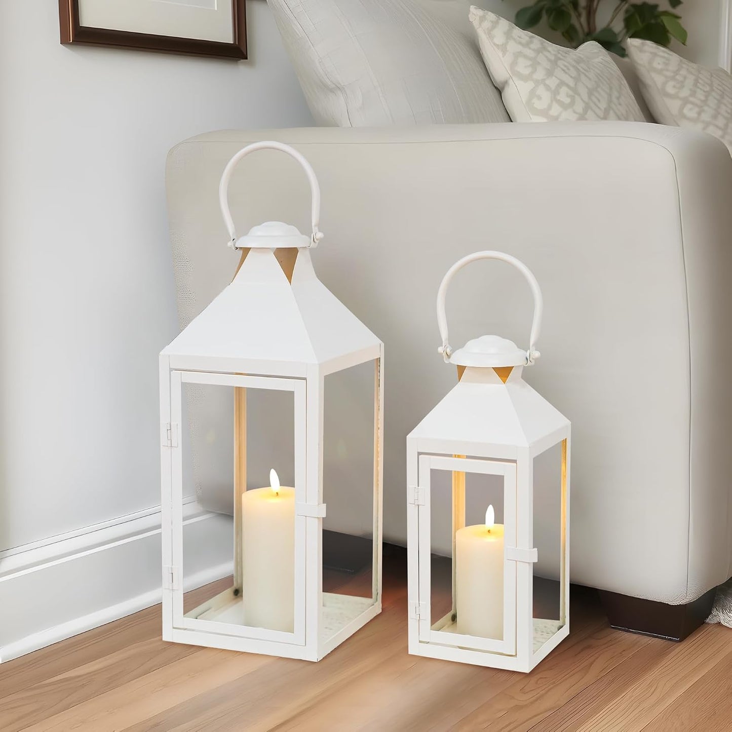 JHY DESIGN Set of 2 Cream Decorative Lanterns 17.5inch&13.5inch Metal Candle Lanterns for Indoor Outdoor Events Paritie