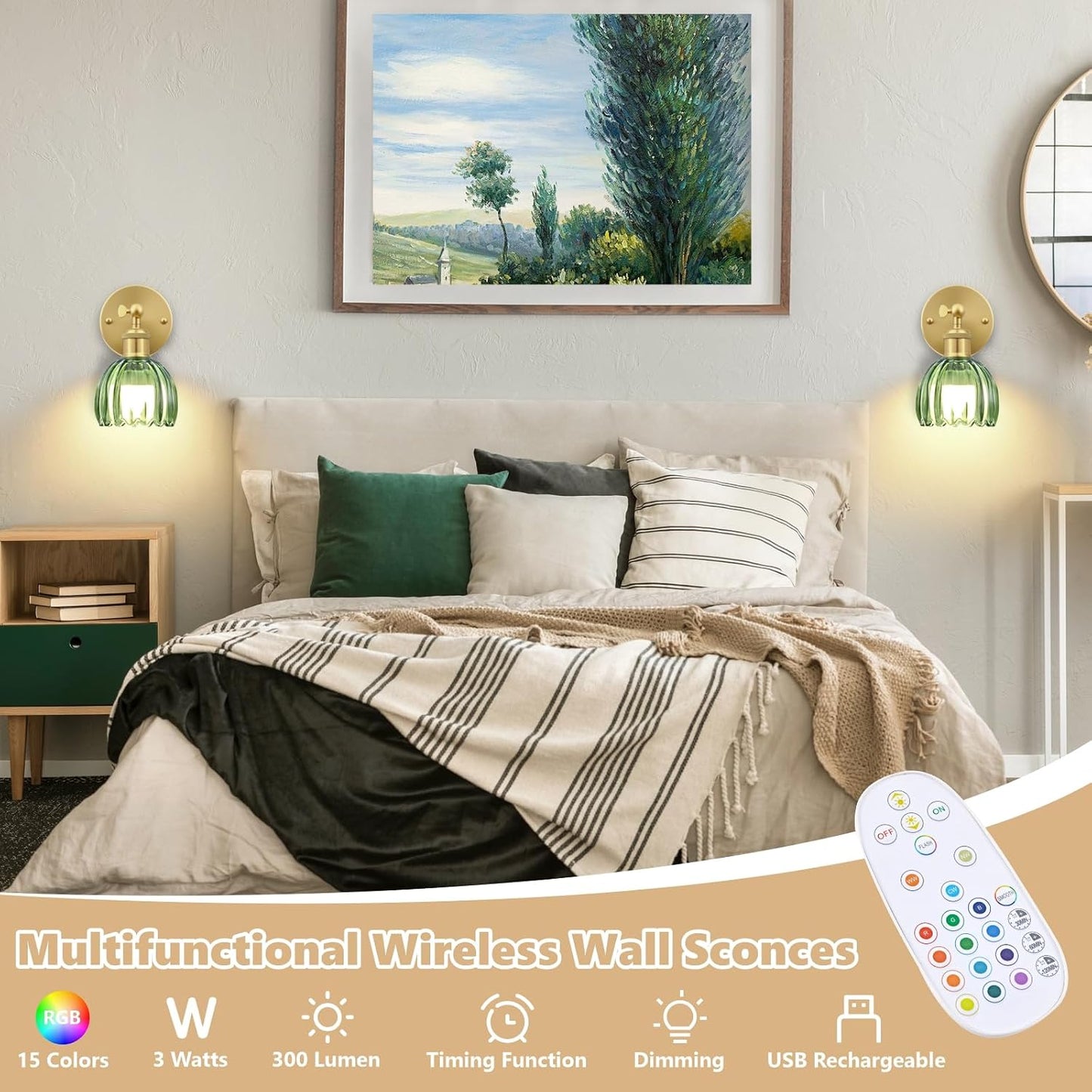 Vintage Battery Operated Wall Sconce, Green Tulip Glass Lampshade Wireless Rechargeable Battery Powered LED Wall Light
