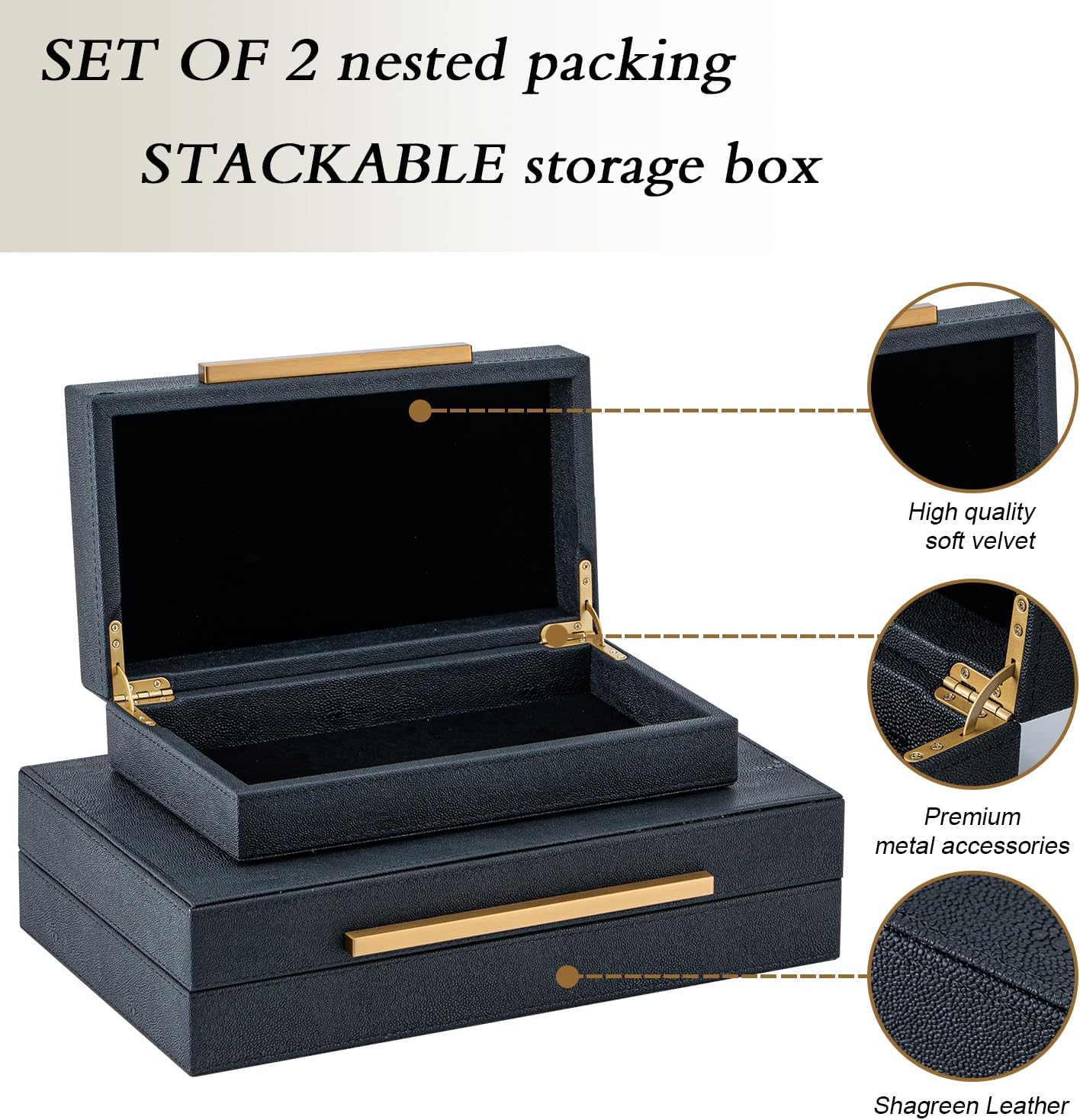 Faux Leather Jewelry Organizer / Black+gold Handles / 14.2 In / Set of 2
