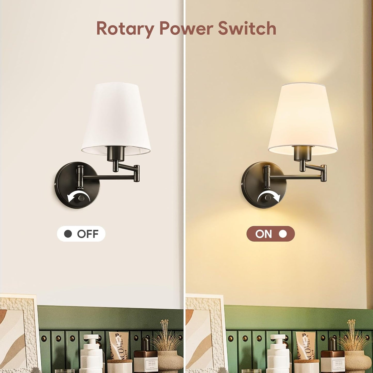 VONLUCE Wall Sconce Set of 2, Plug in & Swing Arm Wall Lamps, Black Finish | Modern Wall Lights with White Fabric